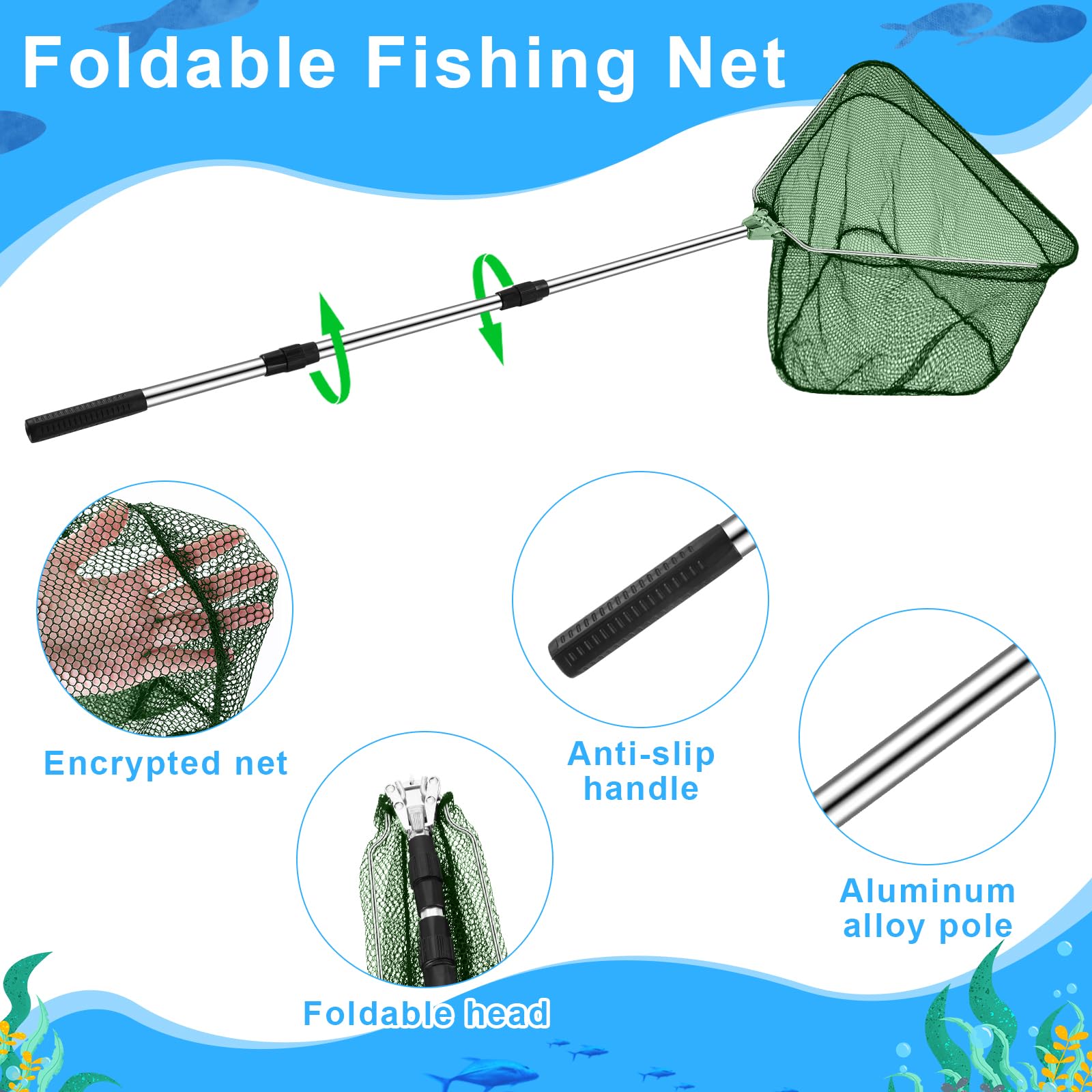 Hollowfly 2 cestas de alambre de acero y red de aterrizaje de pesca con extensión de poste telescópico de aluminio, incluye 1 red de pesca portátil con asa, 1 cesta de pesca plegable de alambre para