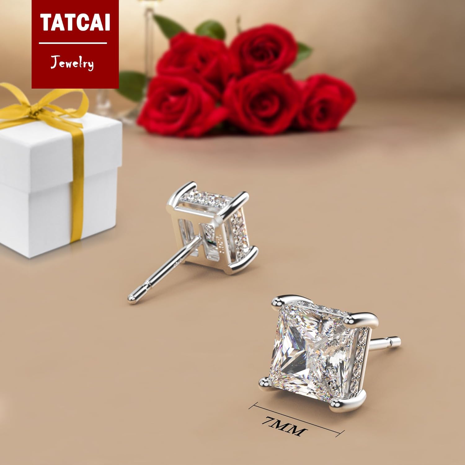 18K White Gold Plated Sterling Silver Princess Cut Square Cubic Zirconia Stud Earrings for Women Men Clear CZ Diamond Stud Earrings - Image 5