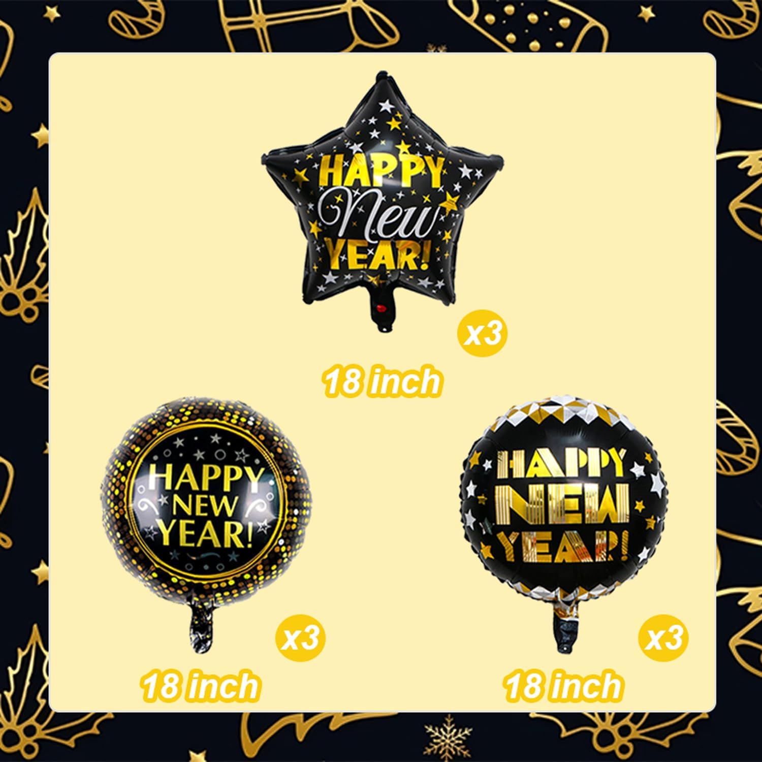 Condition photo showing New/Like New for 9 PCS Happy New Year Balloons Black Gold 18 Inch New Years Balloons for Happy New Year Decorations 2026 New Years Eve Party Supplies