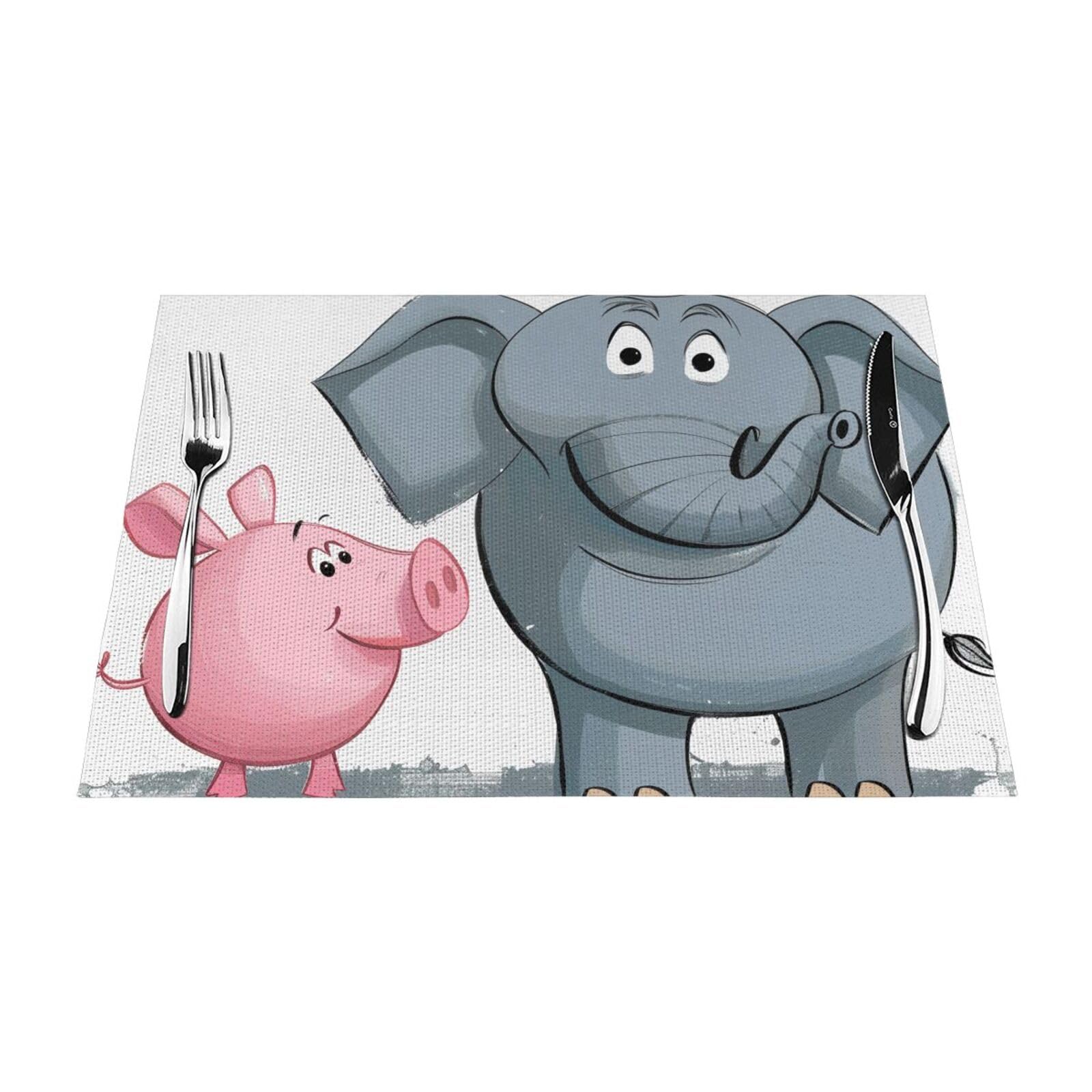 Elephant and Piggie Printed PVC Placemat 4 PCS for Kitchen Dining Table Heat-resistand Washable Table Mats 18x12 in