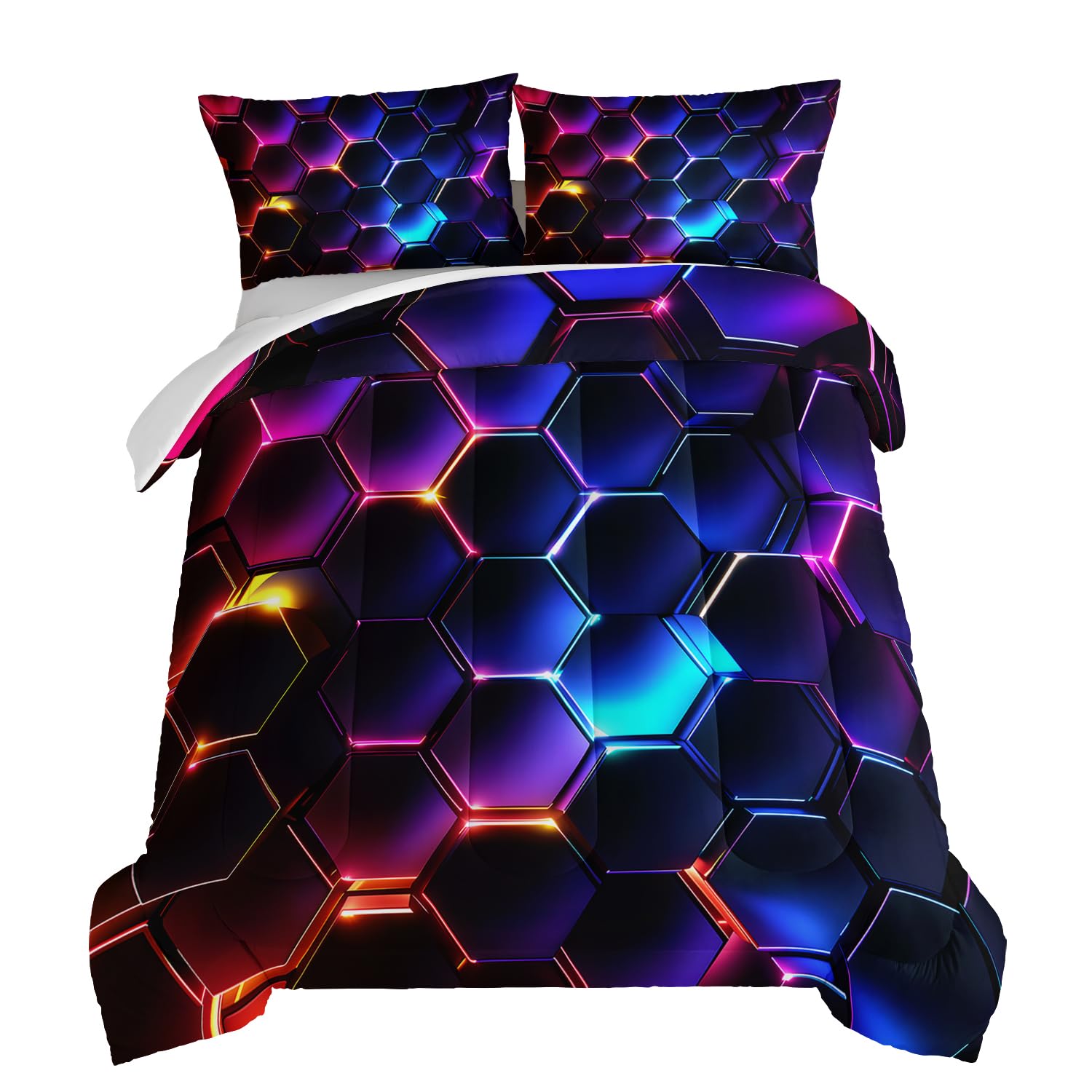 HOSIMA 3D Honeycomb Boys Comforter Set Full Size,Geometric Hexagon Pattern Bedding Set for Kids Teens Boys Room Decor,Purple Blue Neon Lights Full Size Comforter Sets for Boys with 2 Pillowcases.