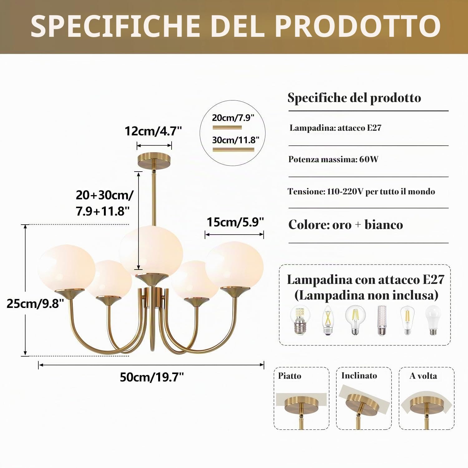 KCO Lighting Lampadario Sputnik Oro con Sfere Vetro Bianche,5 Luci E27 Plafoniera Soffitto Vintage, Lampadario da Soffitto Moderno Regolabile per Camera da letto Soggiorno Cucina