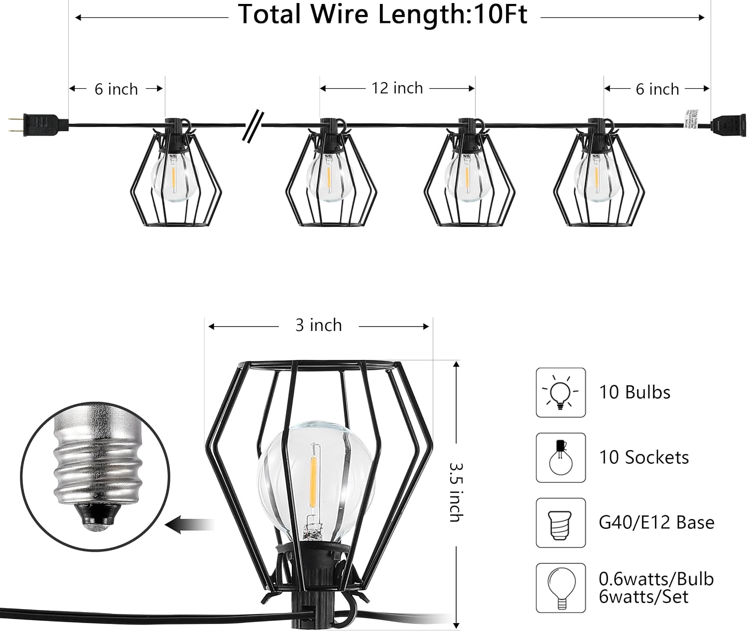 Safavieh Lighting Collection Bowne Black 10-Foot LED Outdoor String Lights