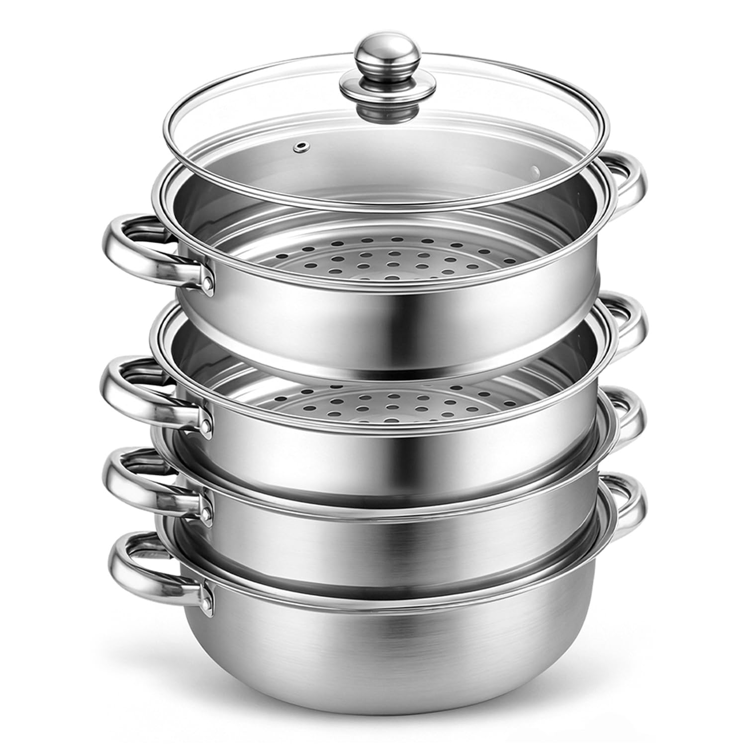 Parowar ze stali nierdzewnej 28 cm – 4-poziomowy, zdejmowany garnek parowy ze szklaną pokrywką, nadaje się do kuchenek indukcyjnych i wszystkich rodzajów kuchenek, uniwersalne naczynia do gotowania