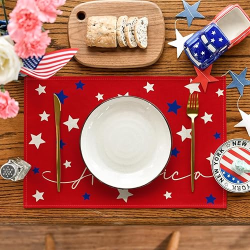 Miniatura 2 de Artoid Mode Juego de 4 manteles individuales para mesa de comedor, 12 x 18 pulgadas, diseño de estrellas rojas y azules de Estados Unidos para el 4