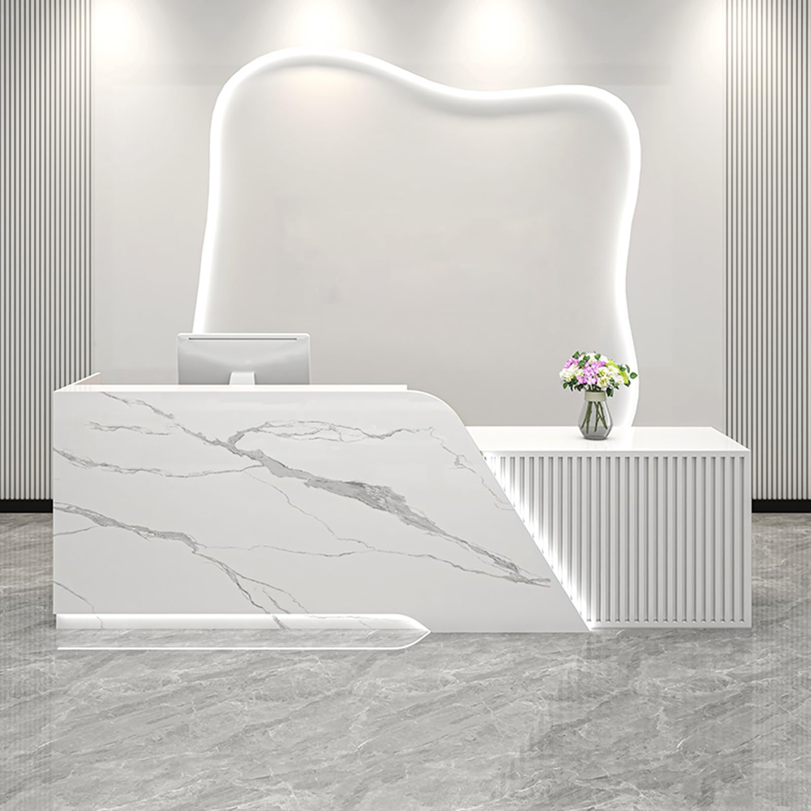 Modern Salon Front Reception Desk with Led Light, Lockable Drawer, Reception Desk with Counter, Retail Checkout Sturdy for Office, Shop, Easy to Install (White (Right), 150x60x100cm)
