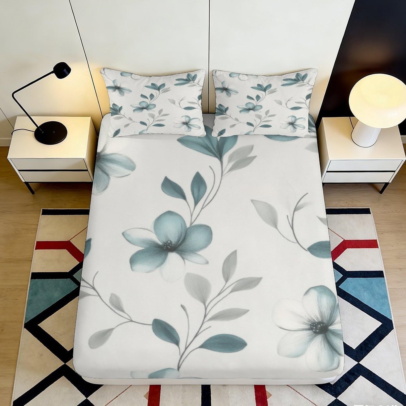 3D Printed Floral Fitted Sheet Microfiber Deep Pocket Bedroom Bedding Non-Slip Botanical Mattress Fitted Cover for Adults Teens 200x200x25cm 90x200x25cm