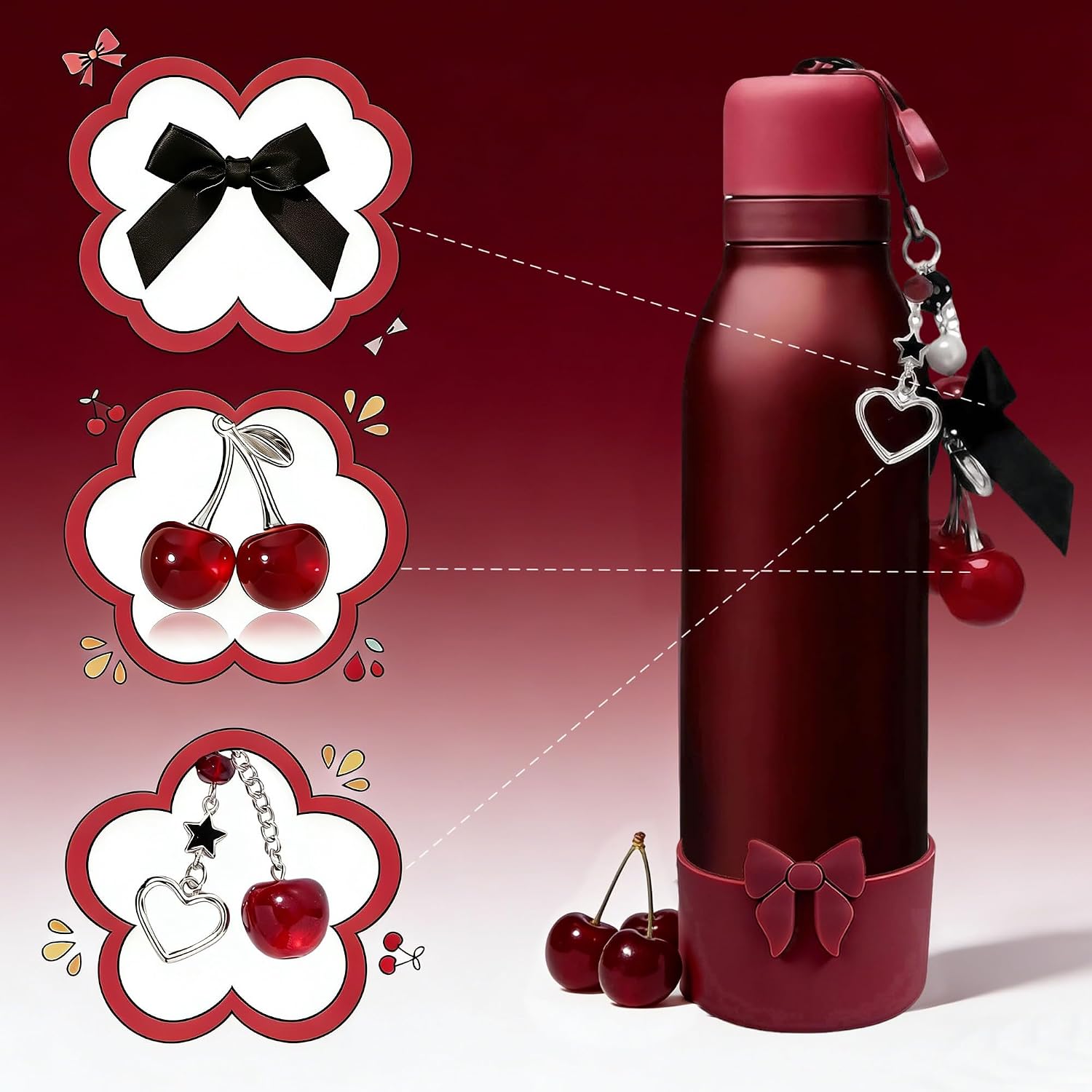 Black Cherry Charm & Silicone Boot for Owala 24/30/32/40 oz Accessories Set image 4