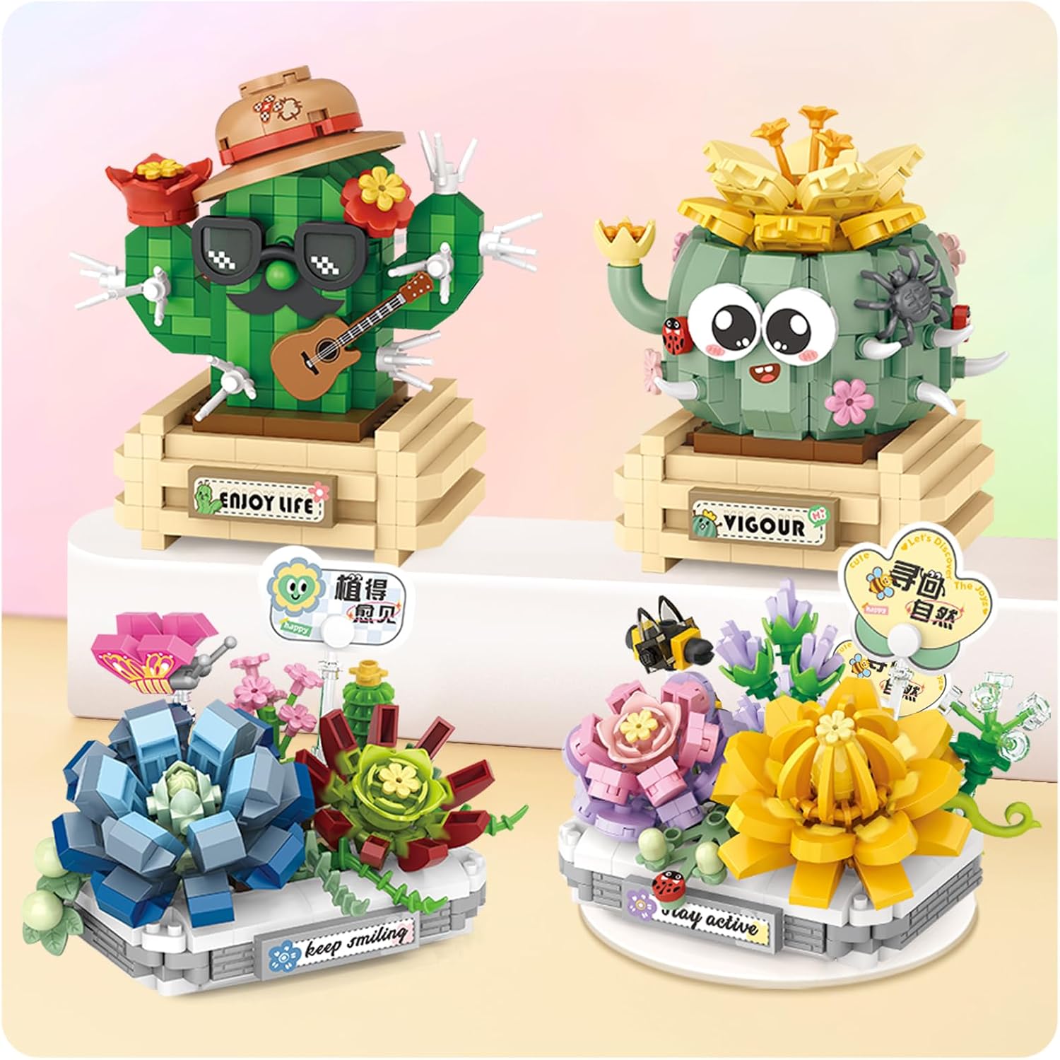 4 PCS Mini Flower Succulent Bonsai Building Blocks,Simulation Pot Plant Particle Botanical Collection Construction Building Bricks Toy,Home Decors (Series-1)