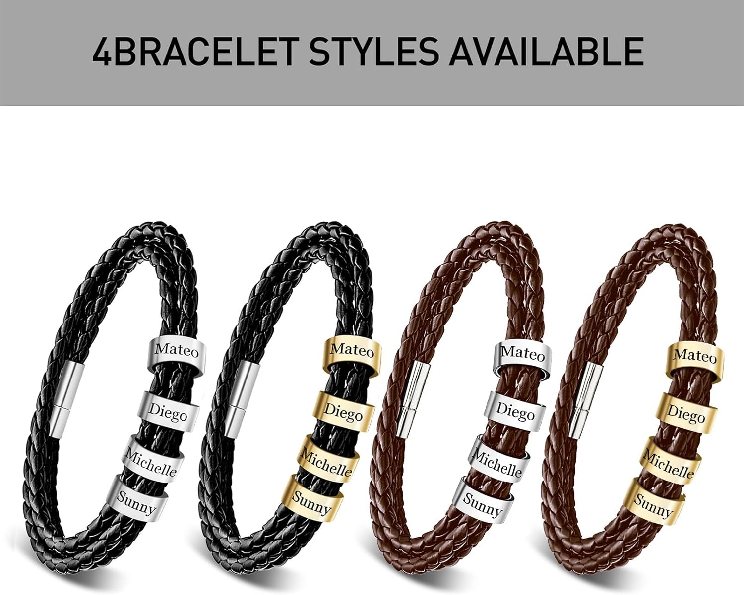 Personalized Bracelet for Men with Name Custom Leather Bracelet for Men Engraved 1-6 Name Beads Braid Leather Bracelet for Him Fathers Bracelet for Husband Fathers Brothers