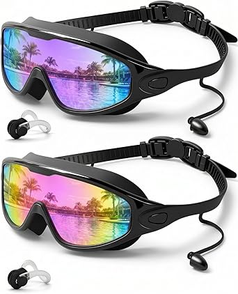 Swim Goggles 2 Pack, Wide View Anti Fog&UV Swimming Goggles for Audlt, No Leak Pool Beach Essentials for Men Women