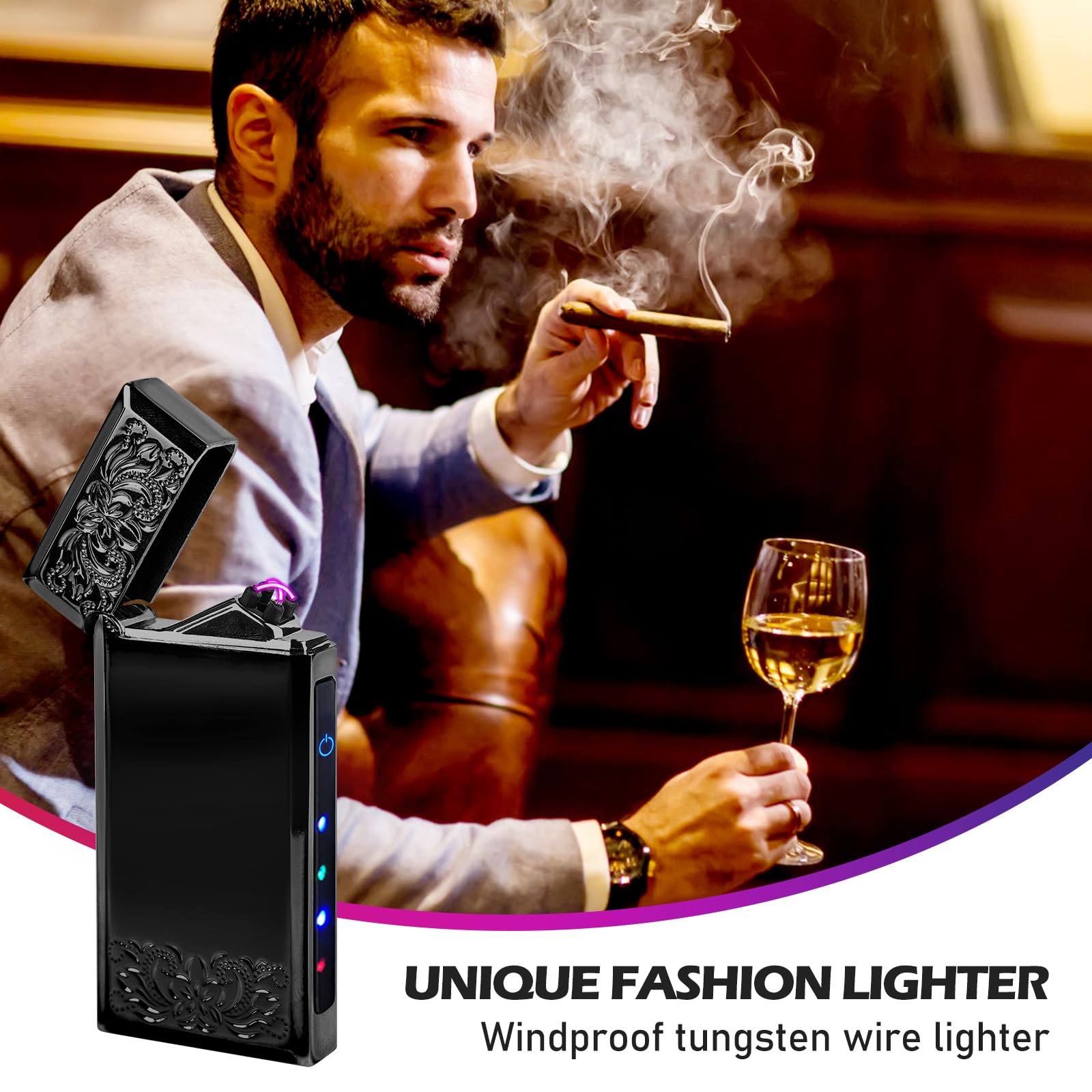 ACCENDINO SLIM ELETTRICO A SOFFIO USB RICARICABILE ACCENDISIGARI Elettronico Nero Bianco Antivento