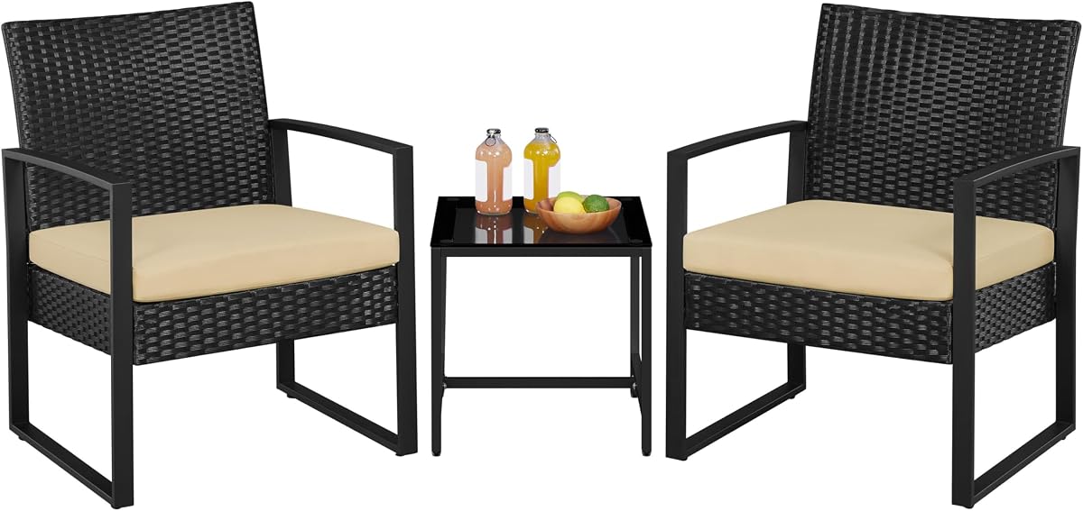 Yaheetech Juego de bistró de ratán de 3 piezas, muebles de conversación modernos para patio de mimbre interior/exterior, 2 sillas y mesa de centro de vidrio templado para jardín, balcón, patio trasero, junto a la piscina, negro/caqui