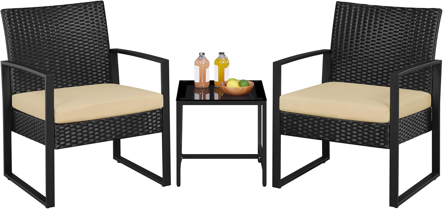 Yaheetech 3 Pieces Rattan Bistro Set, Indoor/Outdoor Wicker Patio Modern Conversation Furniture, 2 Chairs & Tempered Glass Coffee Table for Garden, Balcony, Backyard, Poolside, Black/Khaki