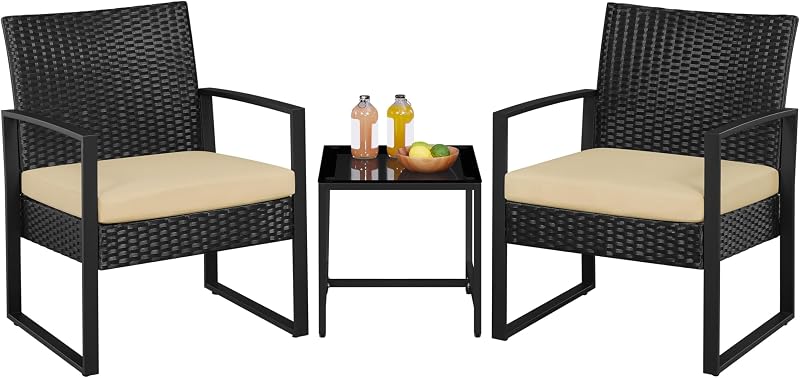 Yaheetech Juego de bistró de ratán de 3 piezas, muebles de conversación modernos para patio de mimbre interior/exterior, 2 sillas y mesa de centro de vidrio templado para jardín, balcón, patio trasero, junto a la pileta, negro/caqui