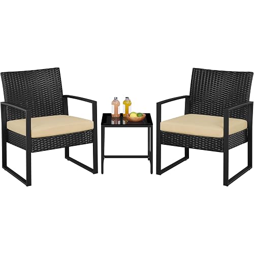 Yaheetech 3 Pieces Rattan Bistro Set, Indoor/Outdoor Wicker Patio Modern Conversation Furniture, 2 Chairs & Tempered Glass Coffee Table for Garden, Balcony, Backyard, Poolside, Black/Khaki