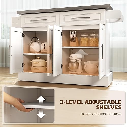 Miniatura 5 de HOMCOM Carro de isla de cocina rodante con ruedas, isla portátil para cocina con parte superior de acero inoxidable, estantes ajustables, 2 cajones,