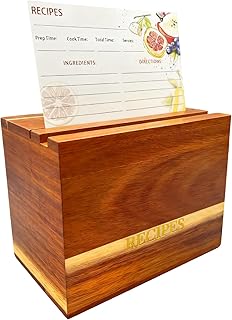 Acacia Wood Recipe Box Set - 50 4x6 Recipe Cards, 6 Dividers | Rustic Kitchen Organizer with Lid for Cooking Lovers, Perfect Housewarming/Wedding Gift