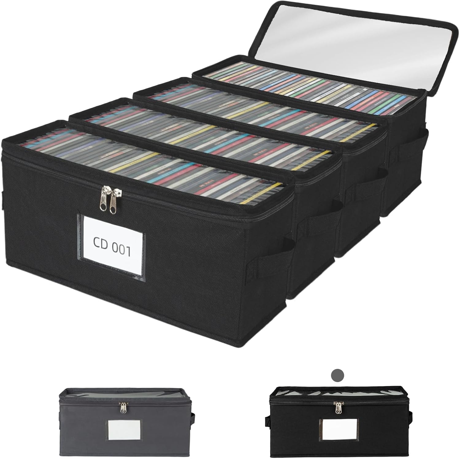 4 Pack Fabric CD Storage Box with Clear PVC Lid, Holds 35 Standard CD Cases, Zipper Closure for Dust Protection, Portable CD Organizer for Music Collection, Black