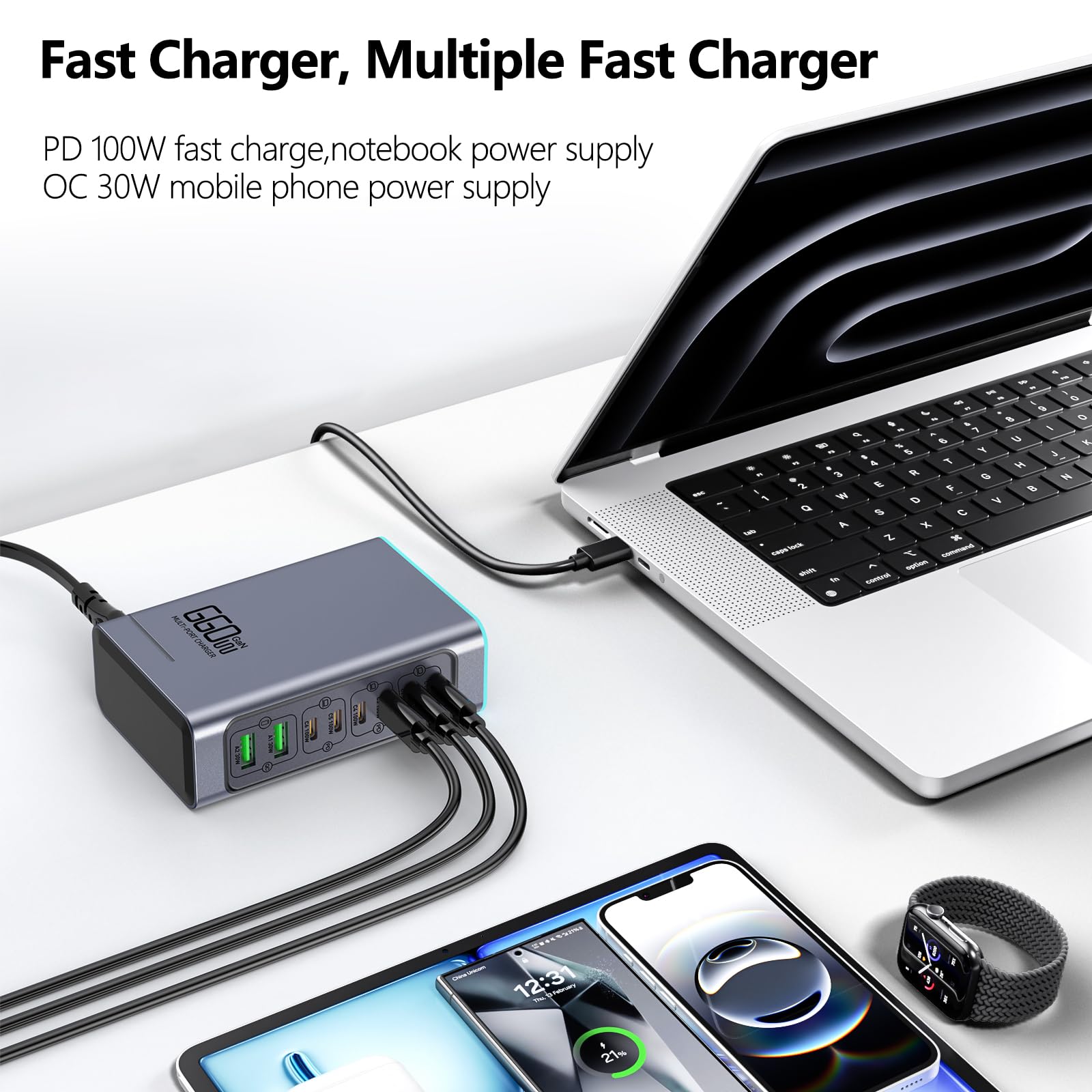 660W Caricatore USB C Multiplo, Hub di Carica Rapida PD 100W a 8 Porte con Tecnologia GaN, Alimentatore USB, Compatibile con Laptop, MacBook/iPad/iPhone/Samsung