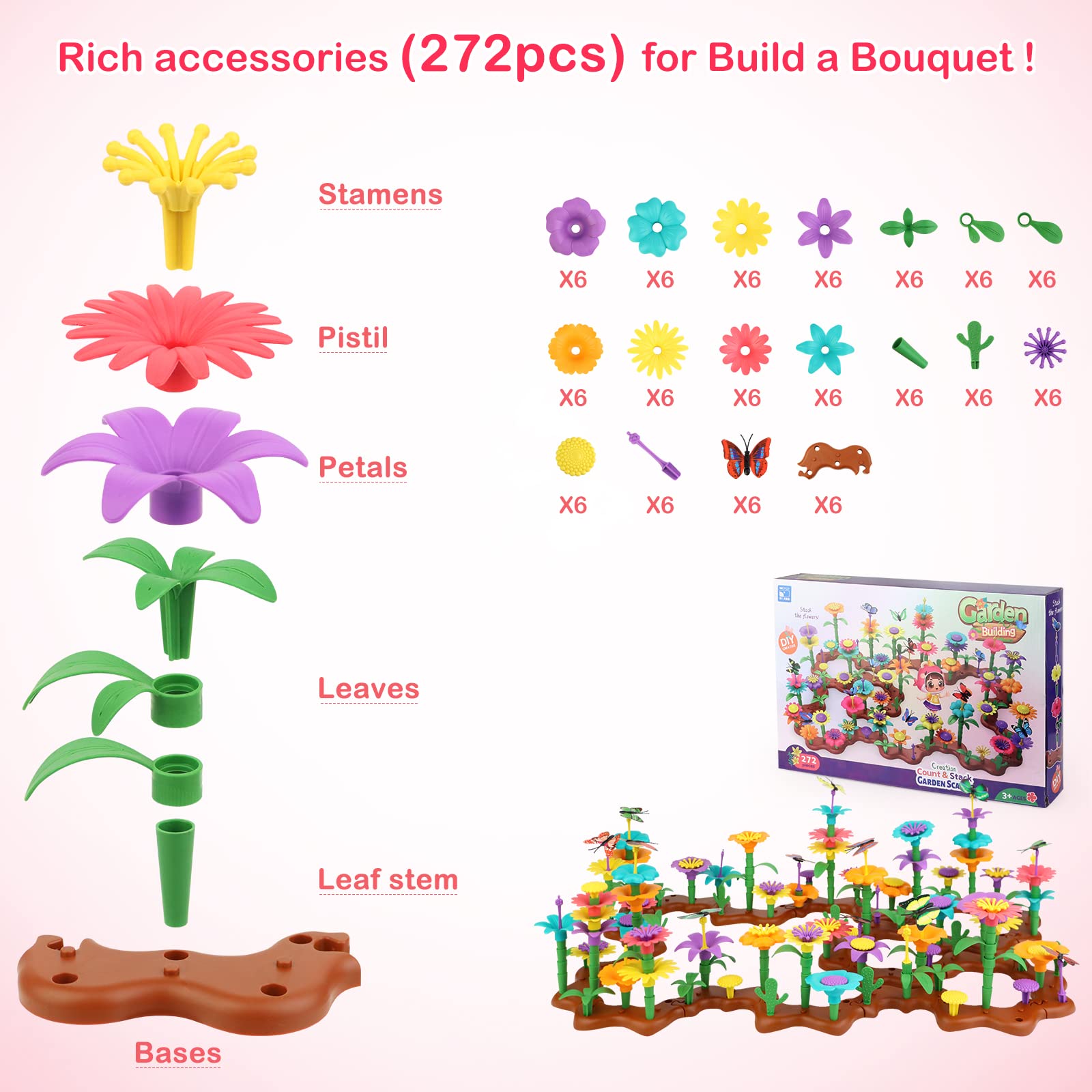 272-teiliges Blumen-Gartenspielzeug – DIY Strauß-Set Für Kinder Ab 3 Jahre – Mit Schmetterlingen & Sockeln