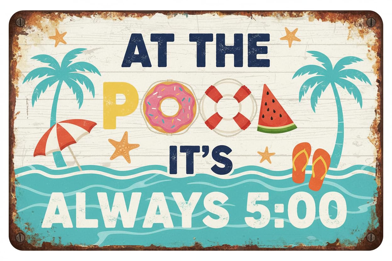 Vintage Metal Tin Sign Pool Decorations Outdoor, Funny Pool Rules Sign Margaritaville Decor Its 5 O'Clock Somewhere Metal Sign 12X8 Inch Custom Private Property Signs Outdoor