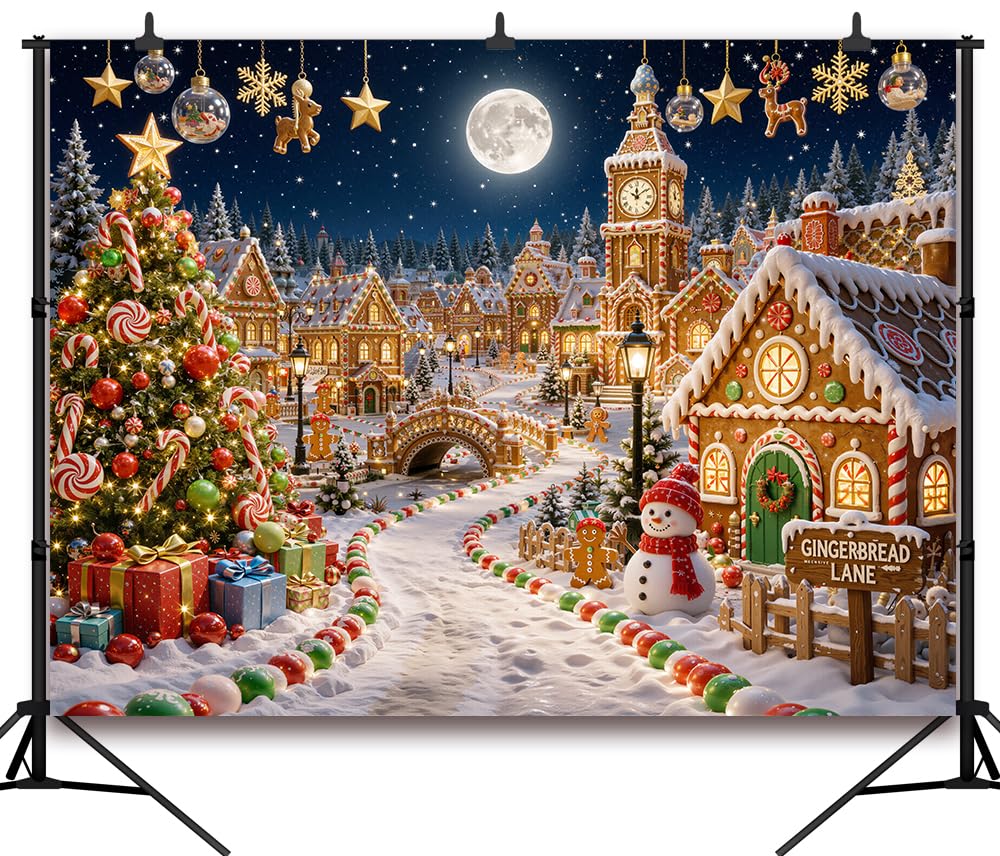 2,3 x 1,8 m, sfondo natalizio a tema pan di zenzero, città di pan di zenzero, paesaggio invernale con pupazzo di neve, sfondo fotografico per famiglia, bambini, Natale, vacanze, feste