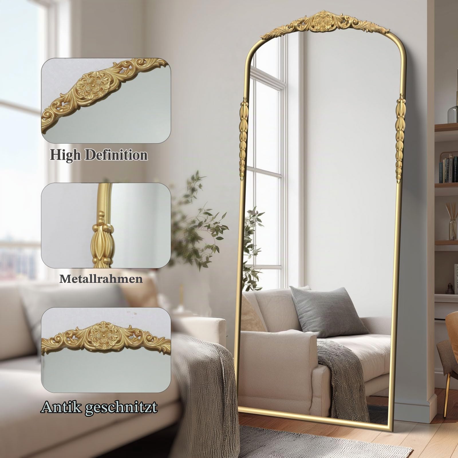 G-LEAF Großer Ganzkörperspiegel 180x76 cm, Vintage Bogenspiegel mit Barock Goldrahmen, Antik Standspiegel & Wandspiegel XXL Ankleidespiegel für Schlafzimmer, Wohnzimmer, Flur