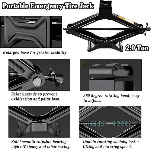 Miniatura 5 de QISF Juego de 7 gatos de automóvil, gato de tijera portátil de 2 toneladas (4409 libras) y llave universal de 23 pulgadas, llave de rueda extendida,