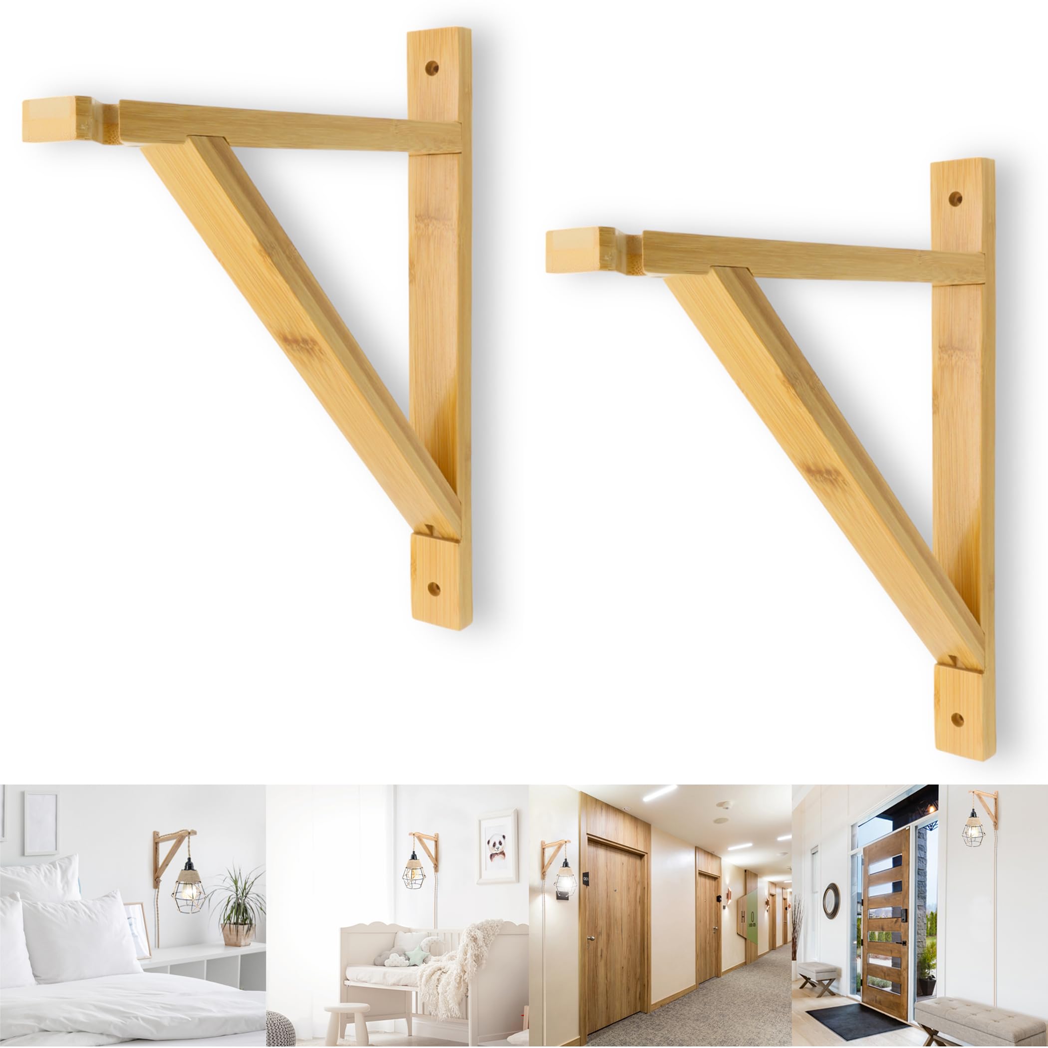 Supporto da parete in bambù per lampade a sospensione, set di 2, decorativo boho in legno, per diverse sospensioni, naturale