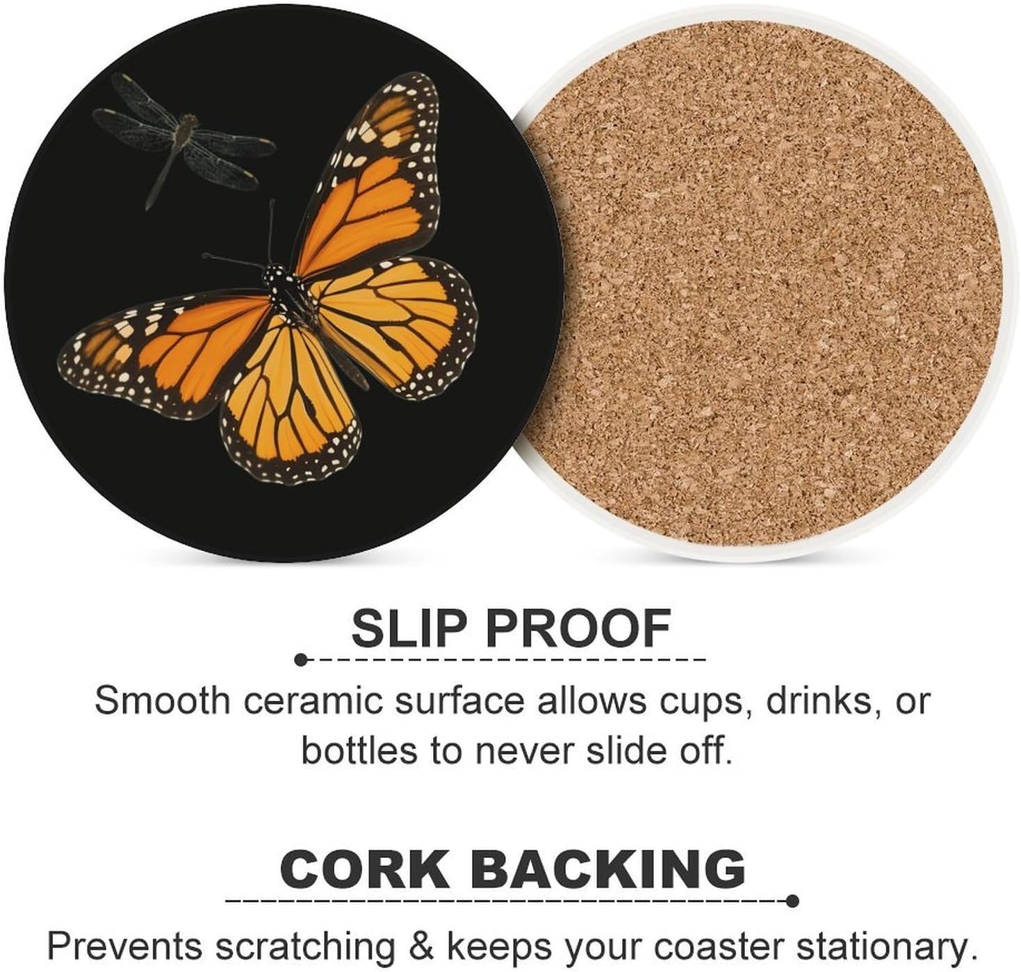 Monarch Butterfly and Dragonfly Funny Round Ceramic Coasters for Drink Absorbent Cup Holders Tabletop Protection