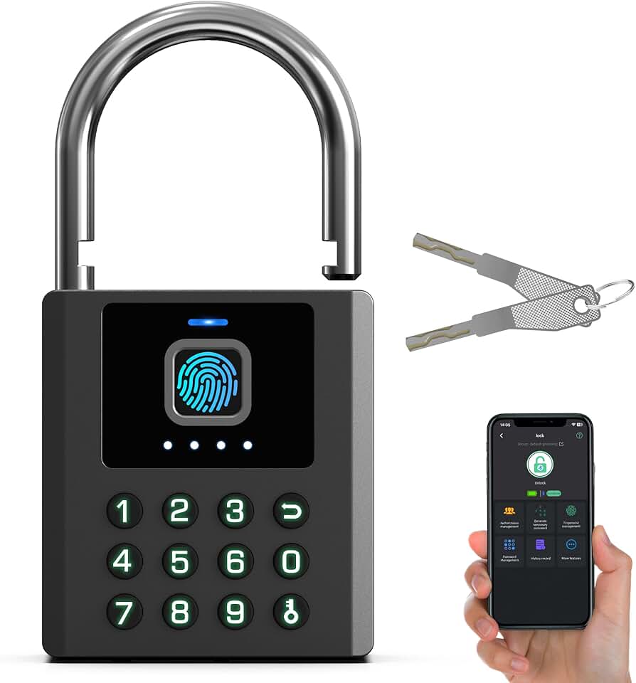 Anweller Heavy Duty Fingerprint Padlock with Key, Pad Lock with Code Keypad, Weatherproof Smart Bluetooth Electronic Digital Combination Lock for Gate Outdoor Fence Storage Unit Locker Shed Pool