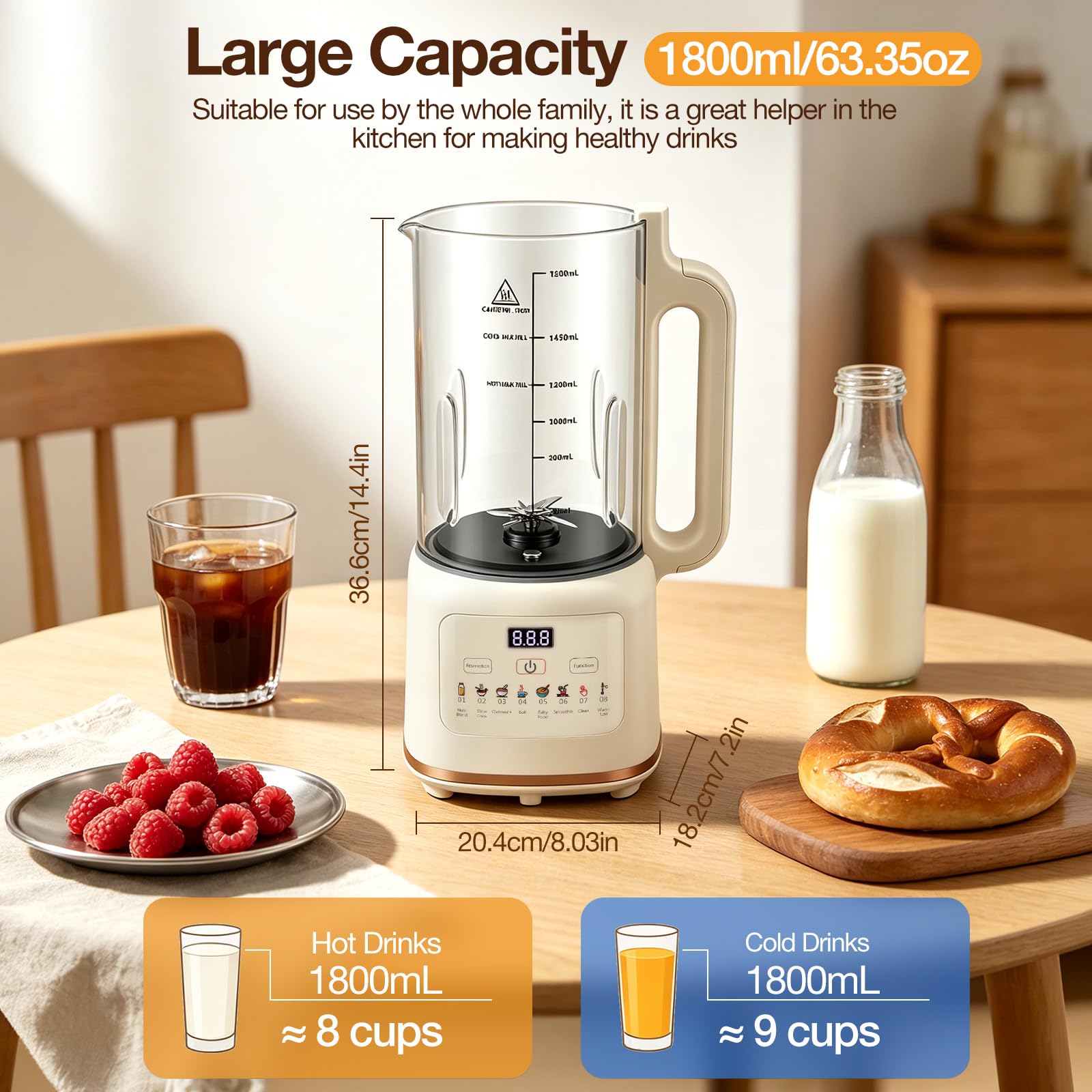 Macchina per il latte vegetale 10 in 1 1800 ml, macchina per il latte di soia con 48 lame titanio, timer 12H, mantenimento caldo, autopulizia, 800 W per latte vegetale casa mandorla, noce, avena