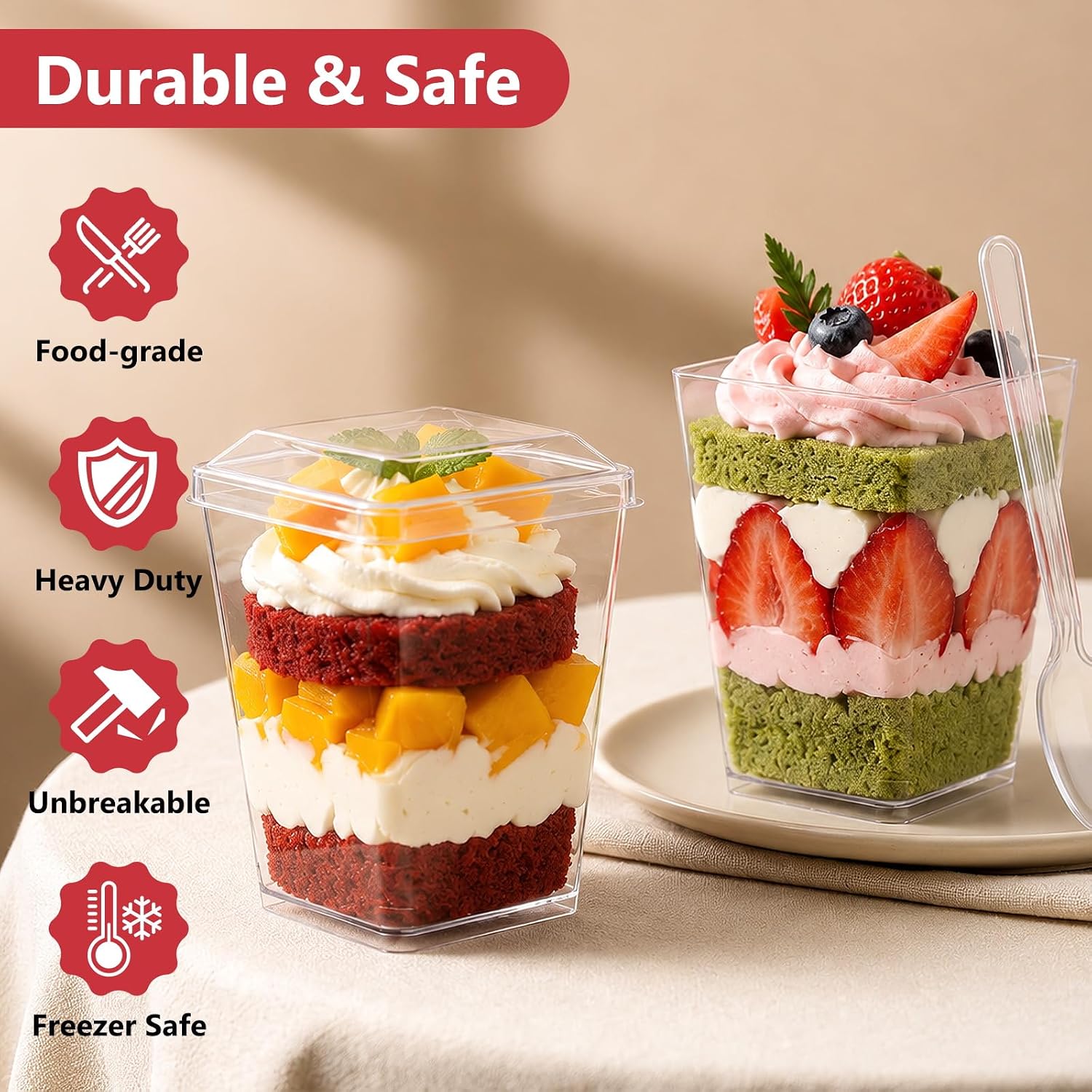 50 Pack Dessert Cups with Lids and Spoons, 5 oz Banana Pudding Cups