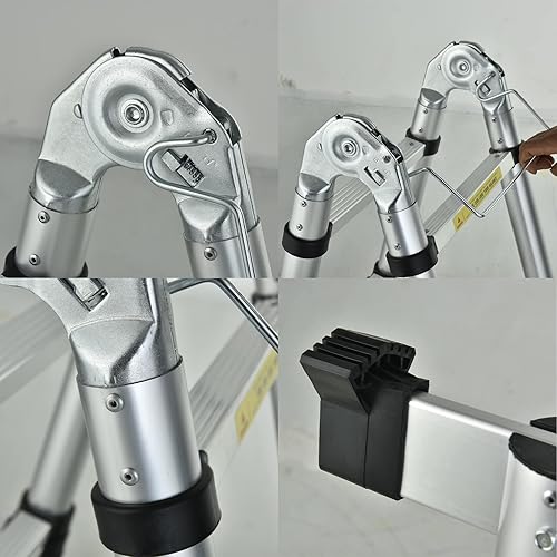 Miniatura 9 de Escalera telescópica de aluminio de 12.5 pies, con marco en A, portátil, telescópica, escalera plegable multiusos, fácil almacenamiento, escalera