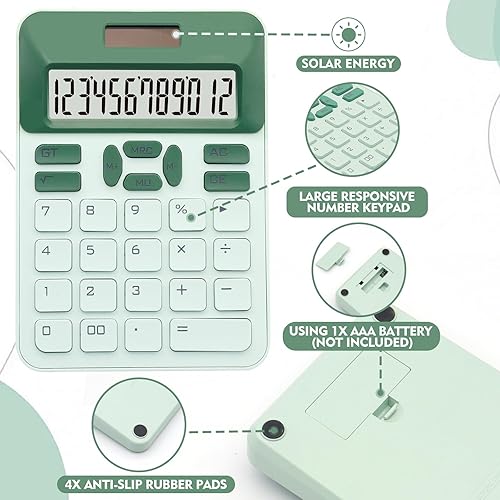 Miniatura 3 de Calculadora básica verde con pantalla LCD de 12 dígitos, linda para oficina, hogar, escuela