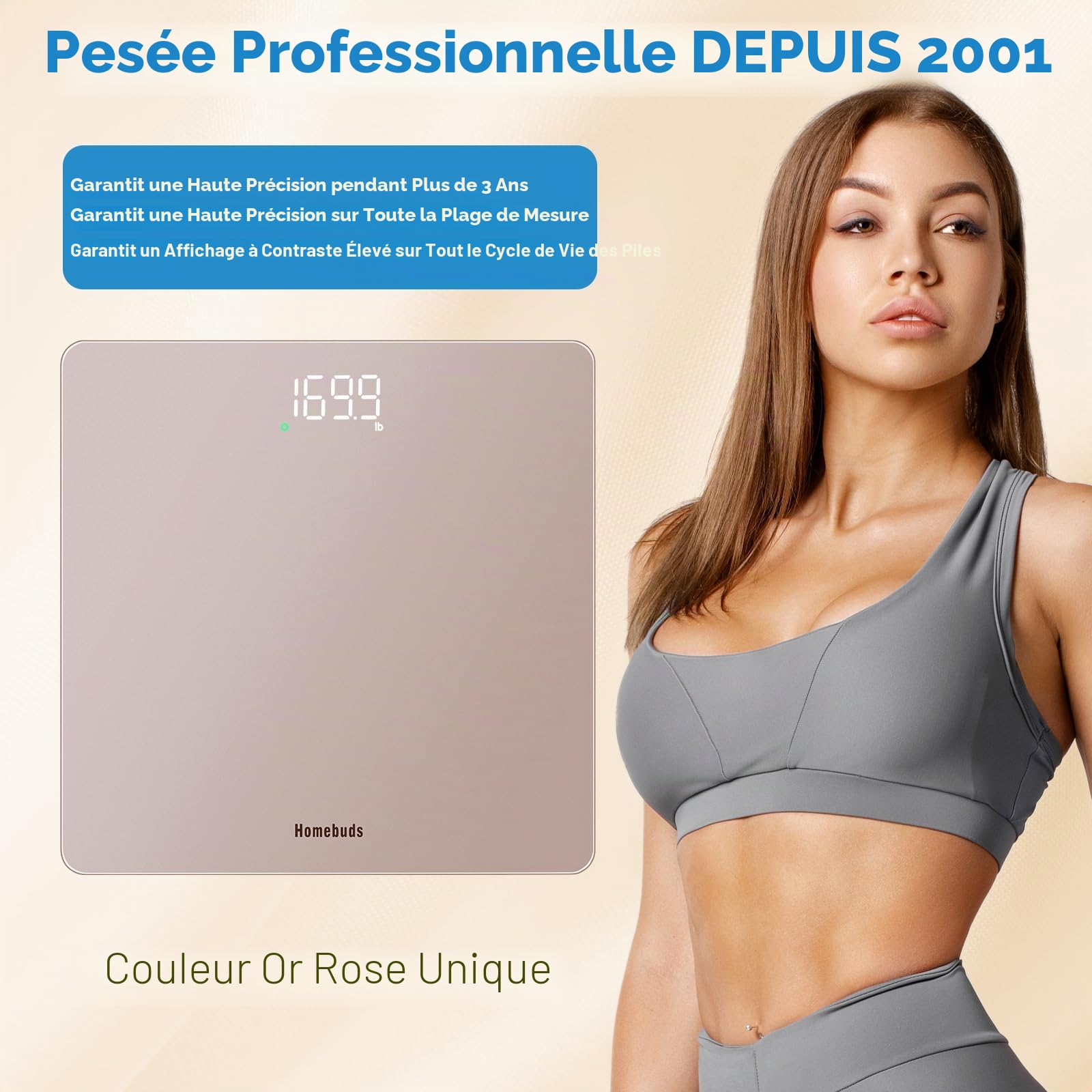 Homebuds Balance Connectée, Haute Précision 0,05kg Par Notre Professional Fabricant Depuis 2001, Pese Personne Step-On et LED Lumineuse, APP Sync Avec le Poids et l'IMC, 182kg, Or Rose