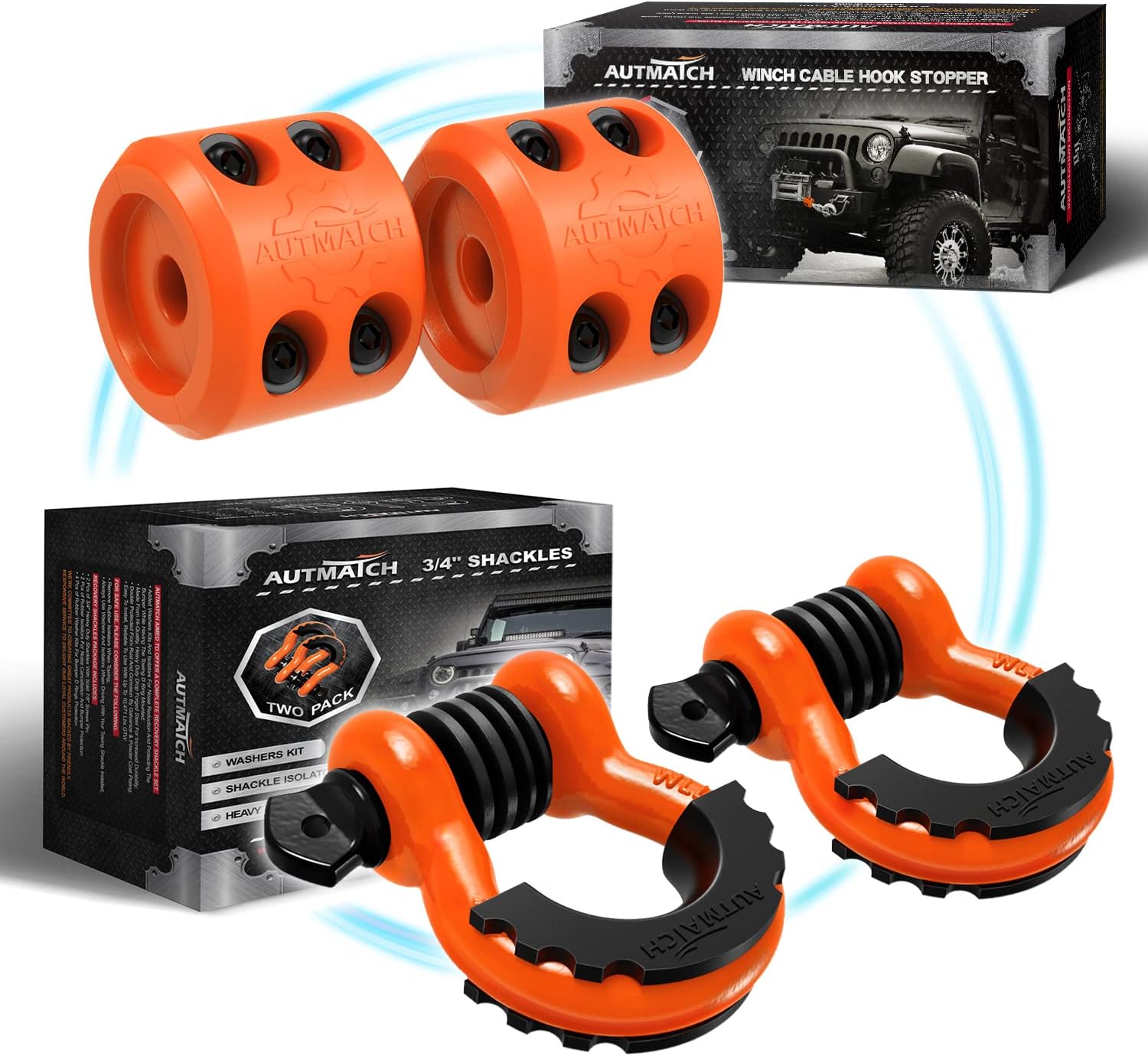 AUTMATCH 3/4" D Ring Shackle with Isolator & Washers Kit, Winch Cable Hook Stopper and Silicone Rubber Shock Absorbent Winch Stopper for Jeep Tow Strap Winch Off Road Vehicle Recovery, Orange & Black