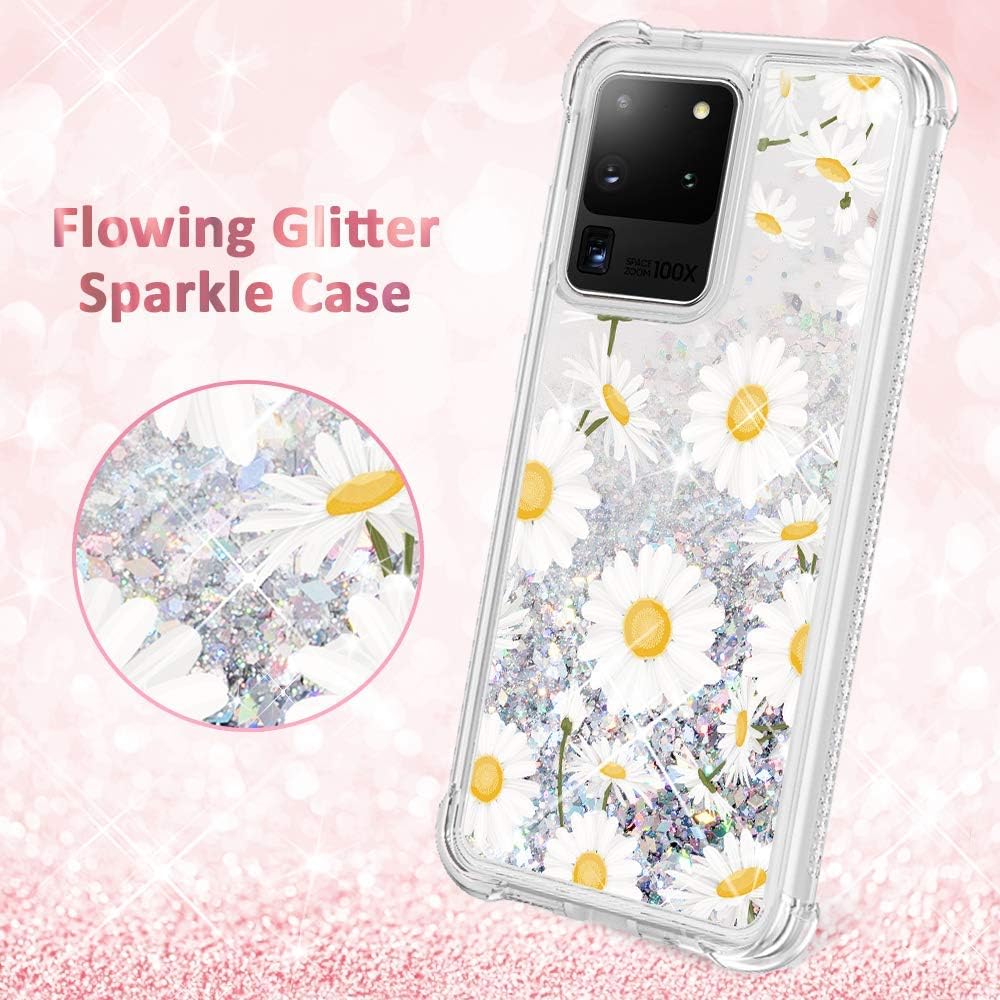 Caka Galaxy S20 Ultra 5G Case, S20 Ultra Case Glitter Bling Liquid Full Body Protection Bling for Women Girls Girly Floating Protective Bumper Case Without Screen Protector for S20 Ultra 6.9" (Daisy)