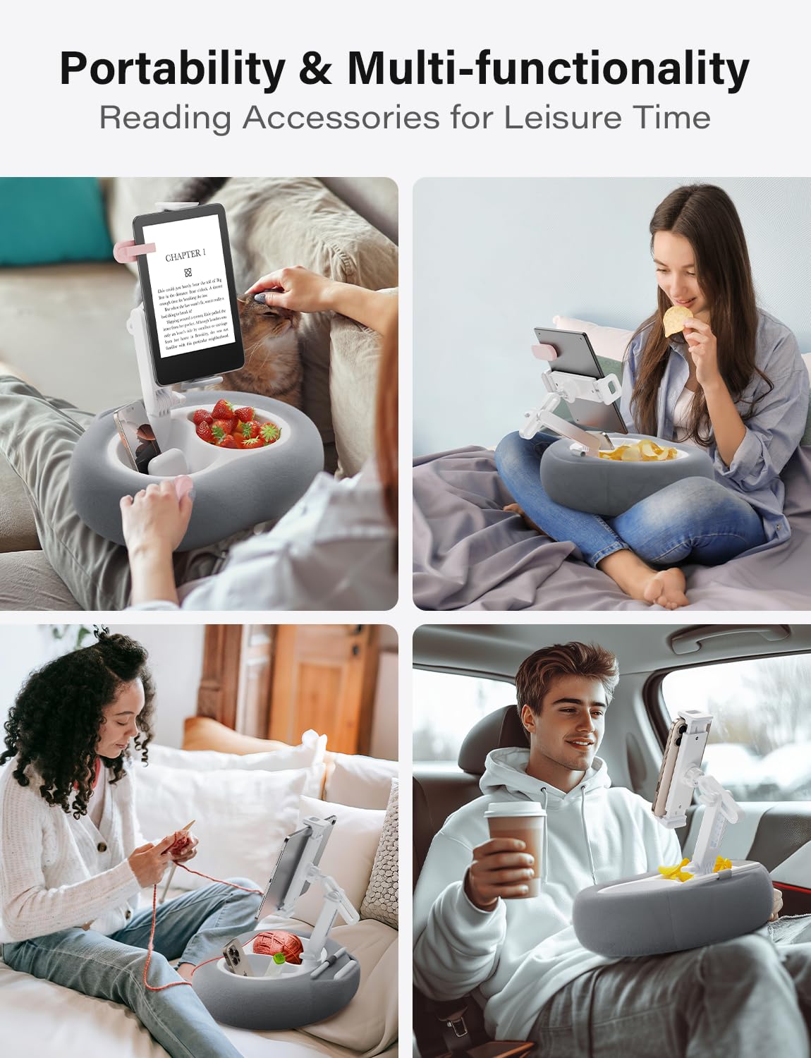 TAZENI Soporte de almohada para tablet Kindle con 2 bandejas para teléfono/tableta/Kindle iPad de 4 a 13 pulgadas, soporte para cama con accesorios de lectura de tela suave, regalo para leer, color