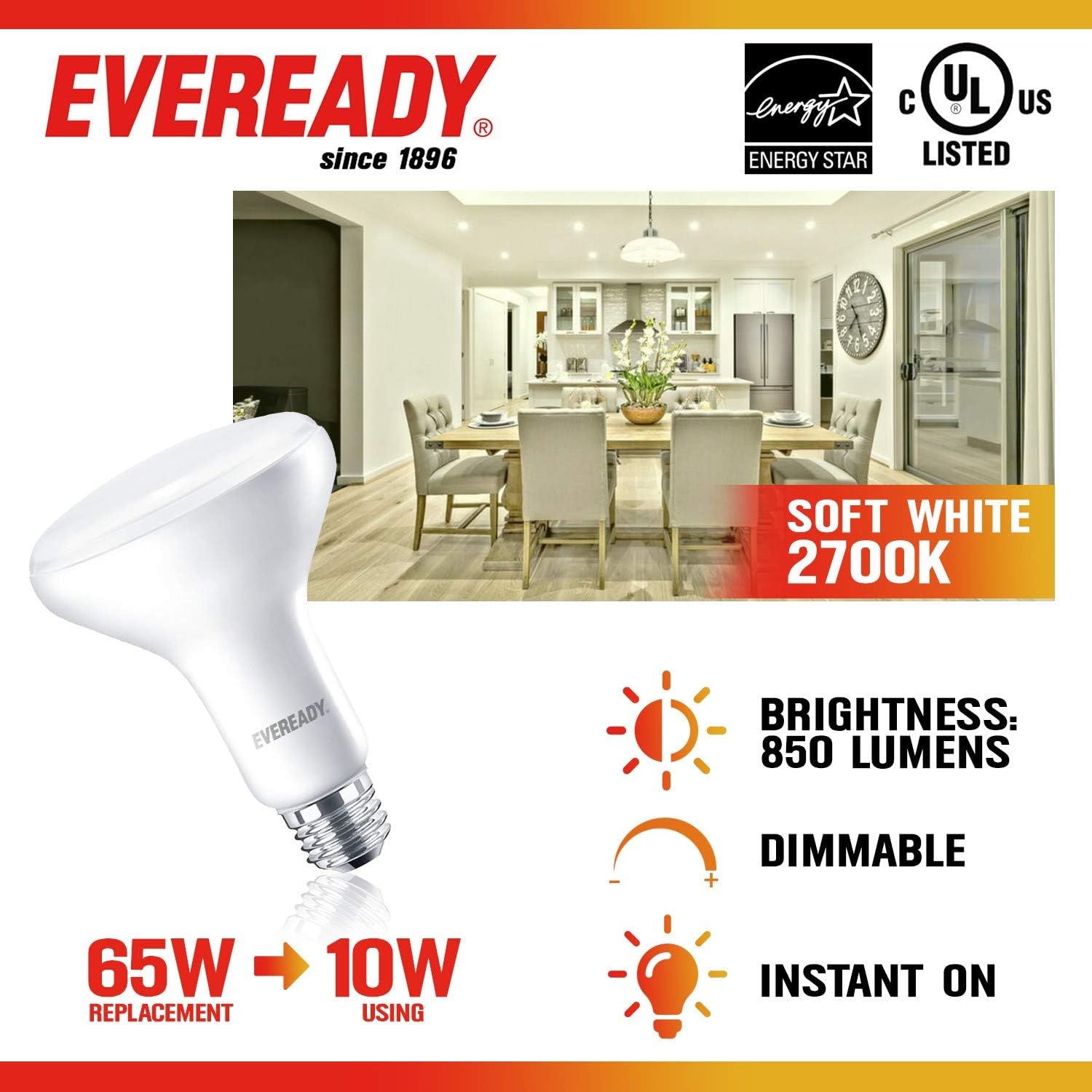 Eveready Led Flood Light Bulbs, BR30, 65 Watt Equivalent (10W Led Bulb), 850 Lumens, 2700K Soft White Color, Dimmable, E26 Base Flood Lights for Recessed Cans, Energy Star and UL Certified – 6 Pack