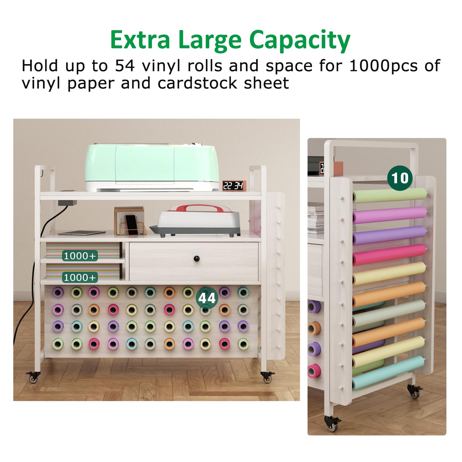 SEPTBOT Craft Organization & Storage Compatible with Cricut Machines, Rolling Organizer with Power Outlet, Large Drawer & 54 Vinyl Roll Holder, Craft Cart Cabinet Table Workstation