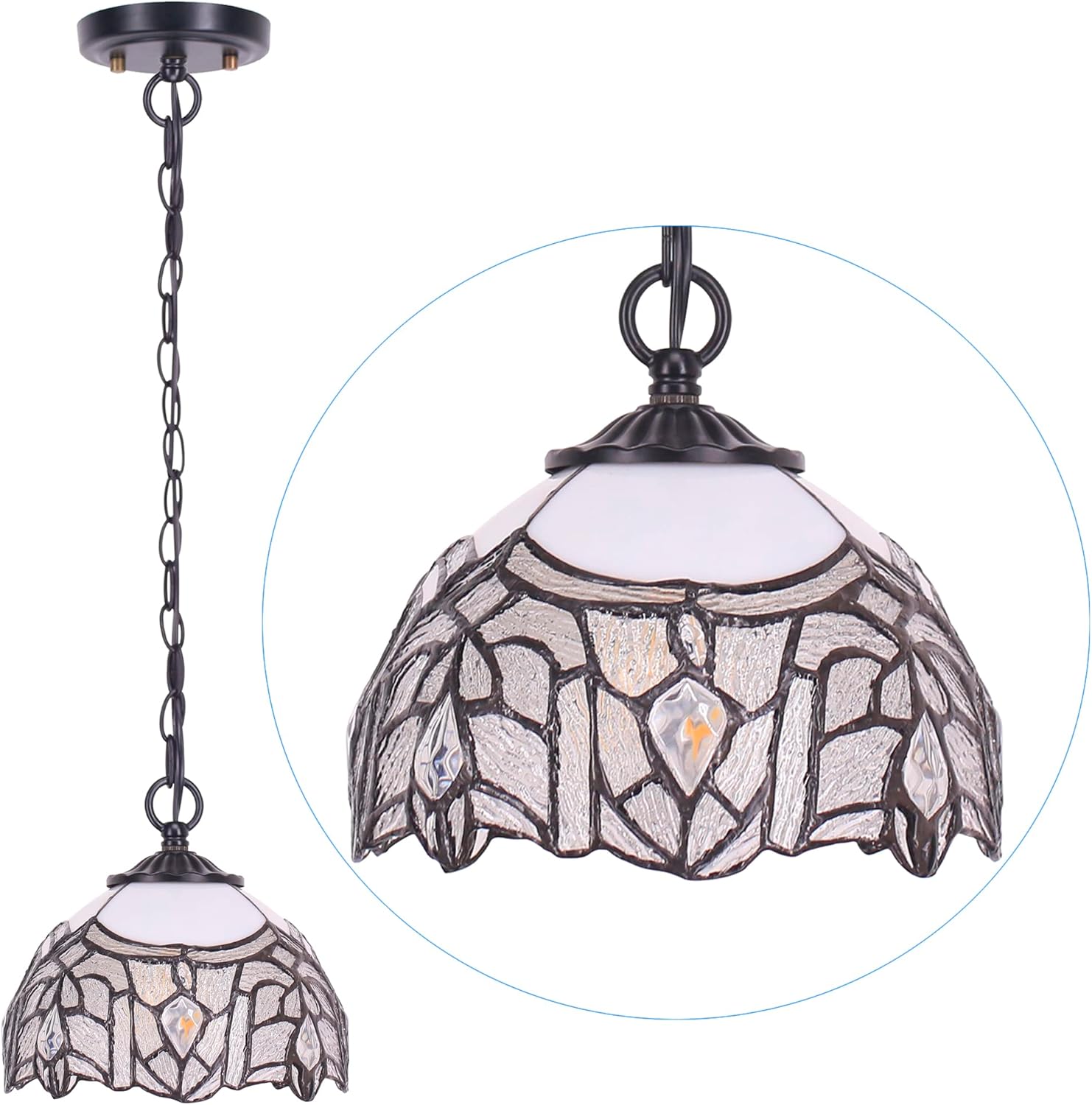 Small Tiffany Pendant Light 8 inch Tiffany Style Stained Glass Pendant Hanging Lamp Small Vintage Hanging Light Fixtures for Home Living Room Restaurant Hallway (White Bending Crtystal Style)