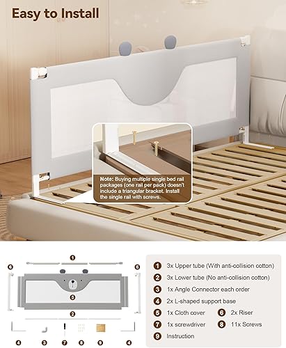 Miniatura 9 de Barandilla protectora para cama de bebé para niños pequeños, rieles reforzados de 54 pulgadas para cama completa con altura ajustable, barandilla