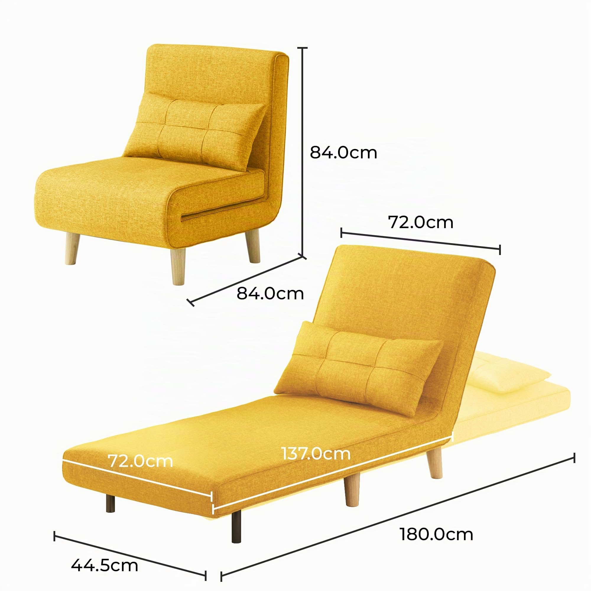 Bealife Sillón Convertible 1 Plaza, Sillón Cama 3 en 1, Sofá Cama Individual con Respaldo Ajustable en 5 Posiciones, para Salón, Dormitorio, Oficina, Amarillo