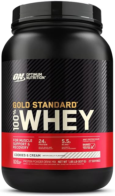 Optimum Nutrition Gold Standard 100% Whey, Koncentrat Białka Serwatkowego, Izolat i Hydrolizat Serwatki, Aminokwasy BCAA, Glutamina, Wzrost i Naprawa Mięśni, Smak Ciastko, 28 porcji, 896g