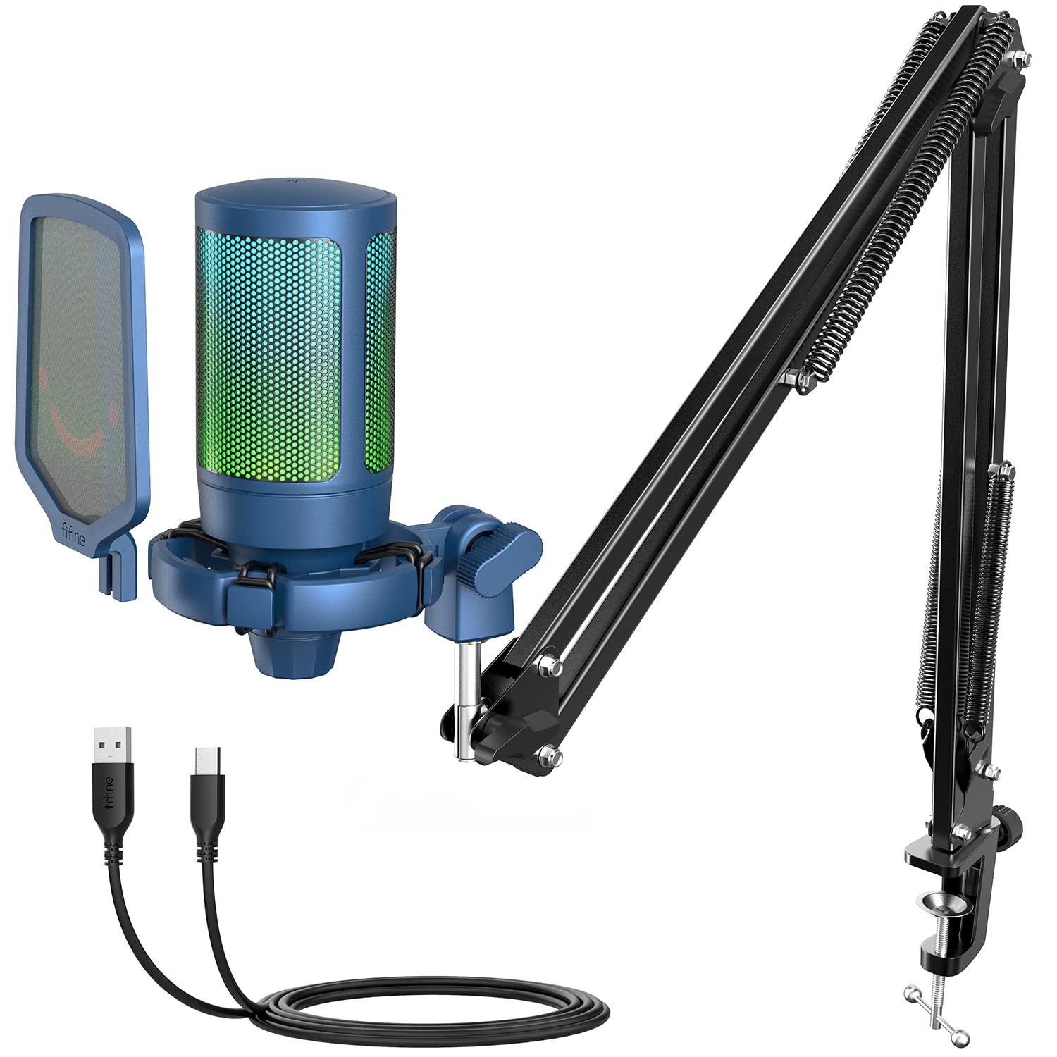 FIFINE USB Gaming Streaming Recording PC Microphone Kit, RGB Condenser Computer Mic Bundle for Podca