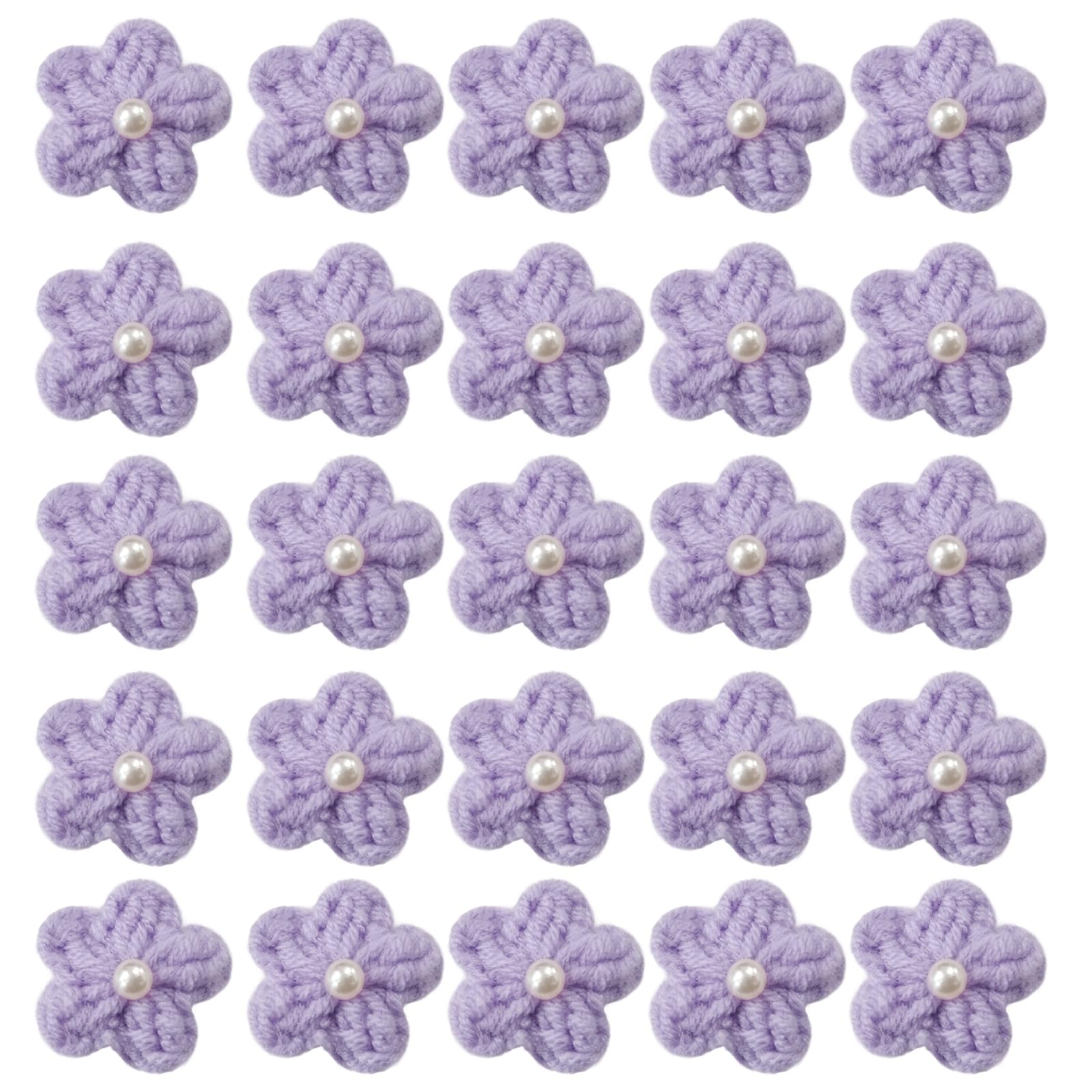 Jtnohx Knitted Flower Patches，Crochet Flowers Applique，25pcs Handmade Floral Sew on Patches，3cm DIY Appliques Embellishments with Pearl, Crochet Floral for Crafts,Sew Accessories(Purple