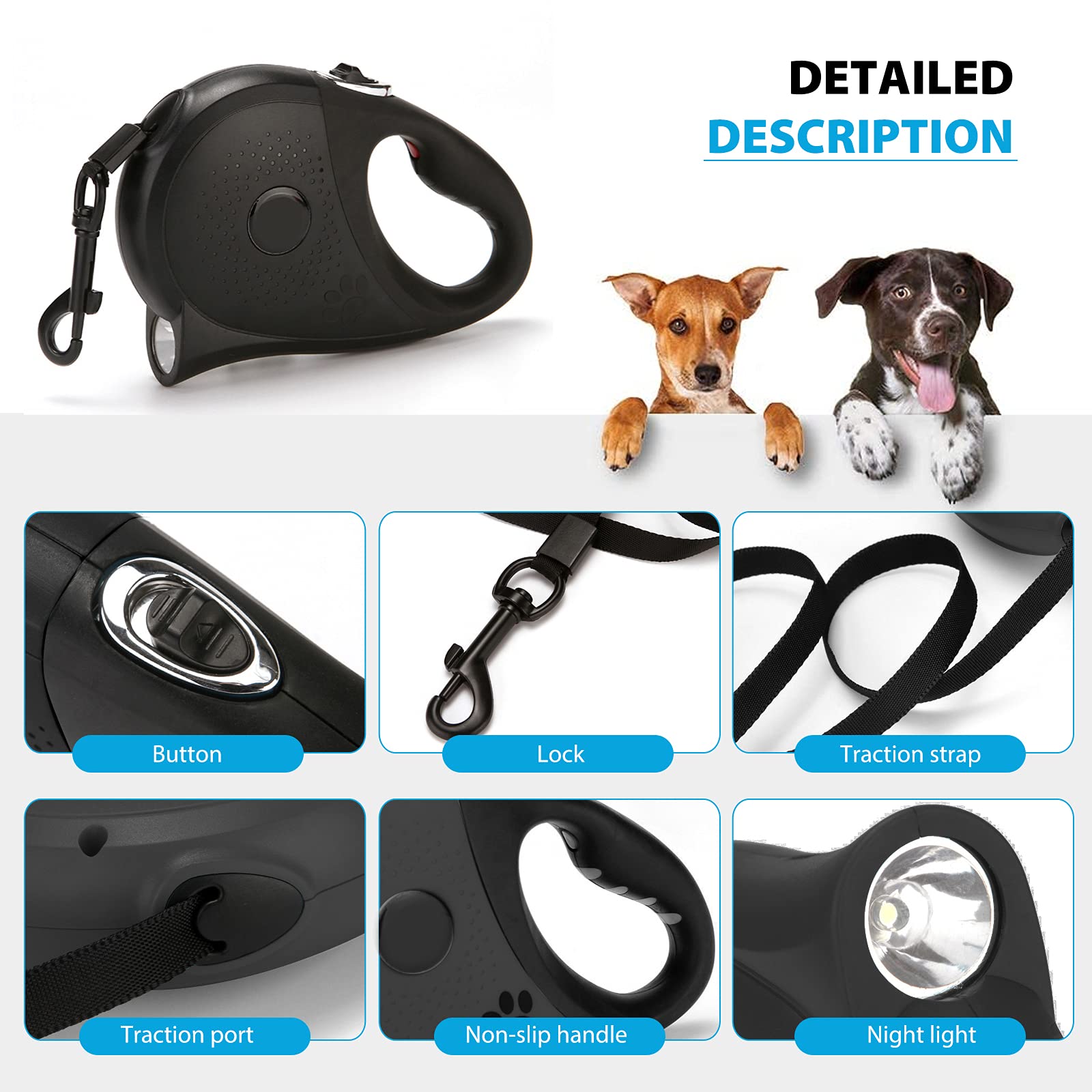 PETCUTE Laisse Chien Enrouleur,5M Laisse Chien Retractable Flexi, Un Boutton S’arrêter/Bloquer, Laisse à Enrouleur Extensibles de Chien avec LED Lampe de Poche,pour Chiens de Petite et Moyenne Taille