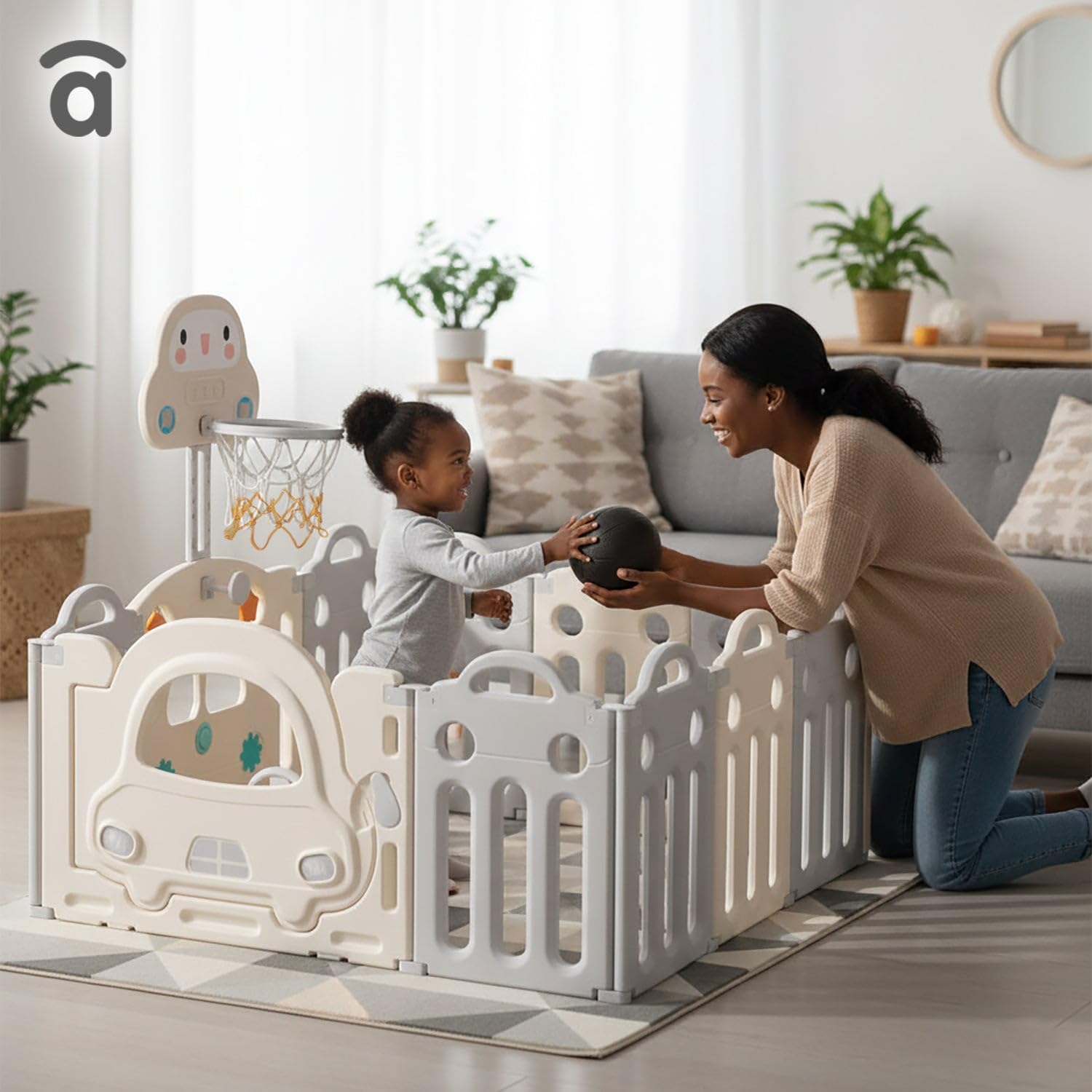 Asalvo Parque Bebé XL 160x120 cm con Canasta y Aros | Corralito Bebé Modular con 12 Paneles y Ventosas Antideslizantes | Parque Infantil Interior Exterior Montessori